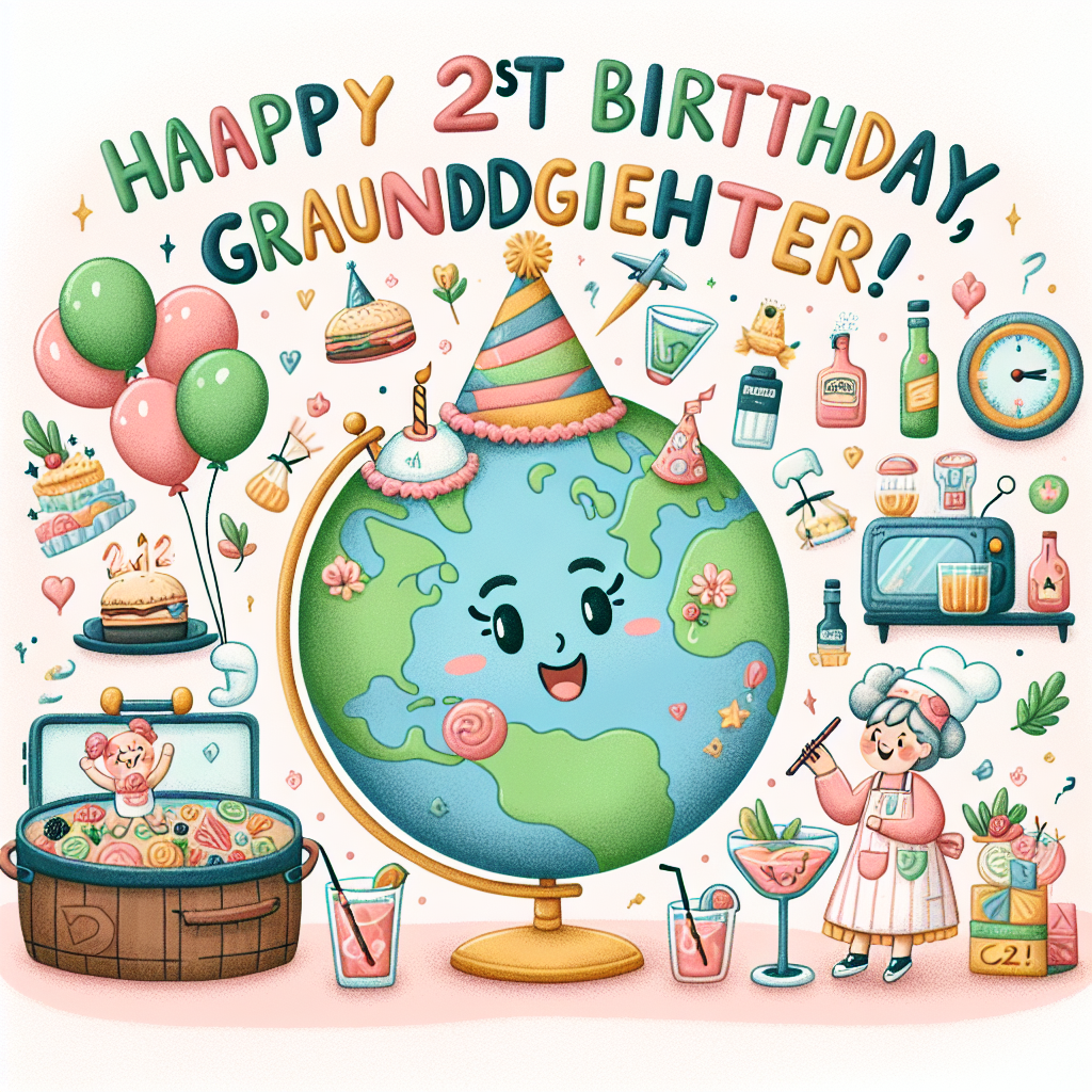 Create a playful illustration of a whimsical 21st birthday celebration. The top of the artwork should include the text 'Happy 21st Birthday, Granddaughter!' in an exciting, festive font. The scene should be filled with travel-themed elements, like a pastel-colored globe wearing a birthday hat and balloons, indicating a passion for exploration. A small kitchen area should be present with a cute apron and chef's hat next to caricatures of various favorite recipes being prepared. One corner of the image should include a selection of vibrant cocktails to signify the transition into adulthood.
Generated with these themes: Meggie, Granddaughter , 21st birthday , Travel, Cocktails, and Cooking.
Made with ❤️ by AI.