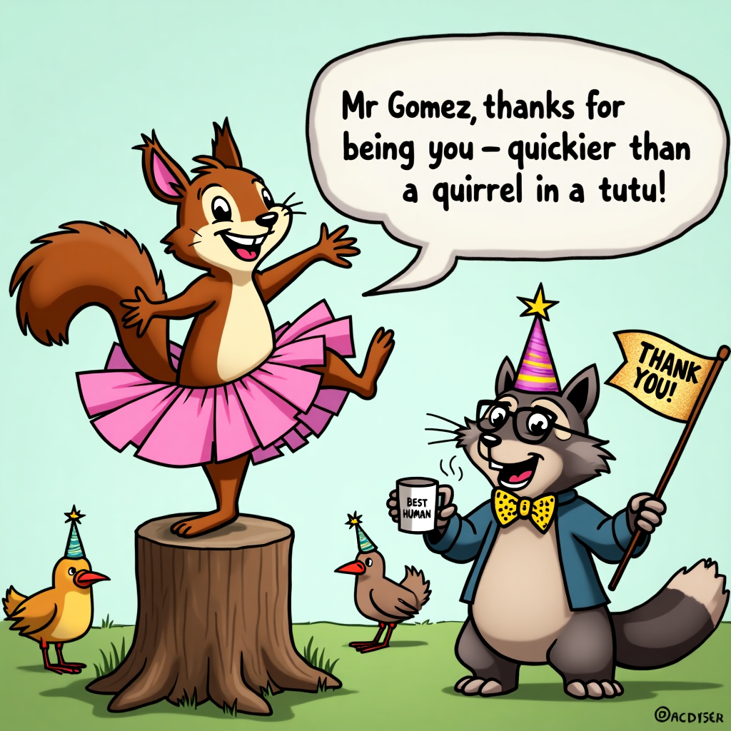 At the top of the cartoon image, “Mr Gomez, thanks for being you—quirkier than a squirrel in a tutu!”

Prompt for image generation:  
A colourful, cartoon-style image featuring a grinning squirrel in a pink tutu, striking a dramatic ballet pose on top of a tree stump. Nearby, a bemused-looking cartoon version of Mr Gomez (with exaggerated glasses, a funky bow tie, and holding a "World's Best Human" mug) claps joyfully. Birds in the background are wearing party hats, and a confused raccoon holds a glittery "Thank You!" banner upside-down. The overall mood is playful, chaotic, and joyfully silly—capturing the idea of being wonderfully, uniquely yourself.
Generated with these themes: Thsnk you for being you:).
Made with ❤️ by AI.