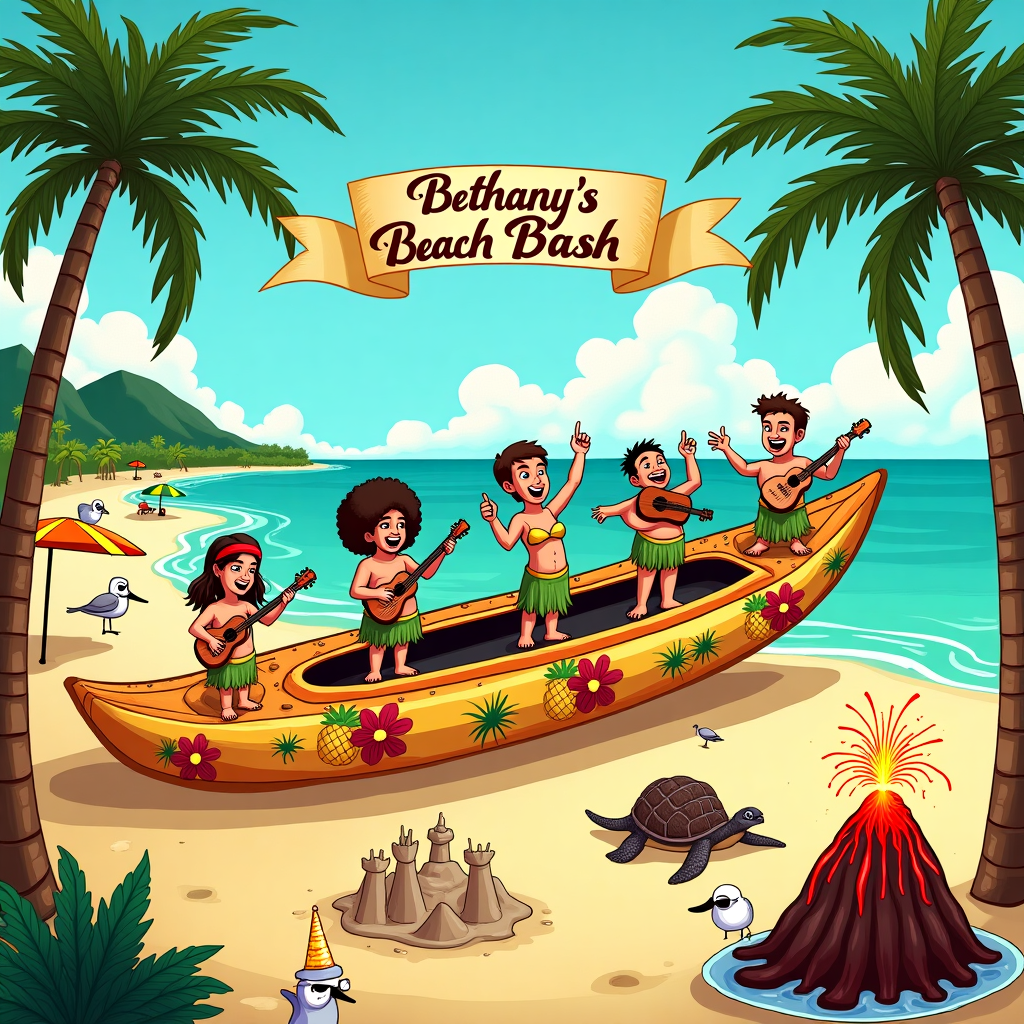 The scene is a bustling, comedic illustration set on a vibrant Hawaiian beach with a playful twist. The central focus is a zany birthday party unfolding atop a giant kayak that rests on the golden sands. The kayak is comically oversized, painted in bright tropical colors with hibiscus flowers and pineapples adorning its sides. Perched on the kayak are cartoonish partygoers donning grass skirts and coconut bras, enthusiastically playing ukuleles and blowing into conch shells, creating a humorous cacophony.

In the background, a serene turquoise ocean stretches out to the horizon, where a line of palm trees dances in the gentle breeze. The fronds of the palms seem to reach into the sky, which is dotted with fluffy clouds shaped like balloons spelling out "Happy Birthday Bethany" in a whimsical script, as though nature itself is celebrating.

On the beach, a sandcastle competition is underway, with contestants building elaborate castles complete with moats and tiny flagpoles flying colorful pennants. A cheeky sea turtle, donning a party hat, peeks out from behind a sand dune, while seagulls in sunglasses perch cheekily on beach umbrellas.

To the side, a small table is set up with an extravagant birthday cake that mimics a Hawaiian volcano. The cake is erupting with bright red icing "lava," and topped with a sparkler fountain, adding a touch of excitement. A banner arches above the scene, woven between two palm trees, with "Bethany's Beach Bash" painted in vivid tropical colors.

Every element of this scene is infused with detail and character, creating a lively, chaotic, and fun birthday celebration for Bethany, complete with quirky nods to the Hawaiian beach and kayak themes.
Generated with these themes: hawaii, beach, kayak.
Made with ❤️ by AI.