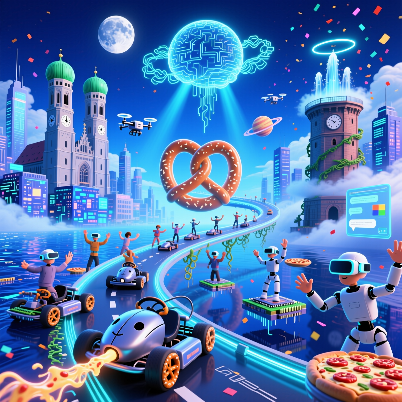 At the top of the Surreal Style image, Digital Board 2026

Dreamlike, Dali-inspired surreal cityscape in a blueish futuristic palette (electric cobalt, cyan glows, indigo shadows). Left skyline: Munich’s Liebfrauenkirche (Frauenkirche with twin green onion-domed towers) rising from a sea of shimmering circuit boards. Right skyline: Mannheim’s historic Water Tower (Wasserturm) crowned by ethereal mist and neon fountains. Between them arcs a colossal glowing pretzel-shaped racetrack made of fiber-optic strands and PCB traces, hosting a playful karting race: sleek karts that look like glossy computer mice, wheels made of spinning pretzels, exhausts streaming pizza-cheese neon. A diverse, stylized digital company team (humans and friendly robots) zips along and cheers from floating microchip platforms; many wear virtual reality headsets, piloting via exaggerated hand-gestures. Drones deliver steaming pizzas; pepperoni planets orbit; binary confetti rains. Above, an AI presence: a translucent circuit-brain moon and a halo of flowing neural nets. A subtle nod to Microsoft glows in the sky as a floating four-pane window of light casting azure beams across the scene. Melting server-clocks drape from fiber clouds; holographic dashboards and chat panes float quietly (no text), cable-vines curl like vines. Ethereal volumetric lighting, soft bloom and reflections across a mirror-like data-lake; playful, funny, celebratory, high detail, blueish futuristic style.

At the bottom in small playful text: Where bytes meet bites and karts lap the cloud.
Generated with these themes: Please create a picture. Topics: AI, digital company, team, technology, pizza, microsoft, virtualy reality, technology, karting race, Munich city, Mannheim city, pretzel.  For Munich please use a pic of Liebfrauenkirche, for Mannheim please use the historic watertower as landmark.  overall use a blueish futuristic style, and .
Made with ❤️ by AI.