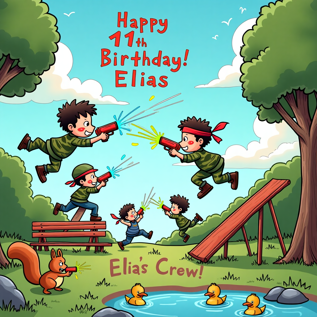 Camouflage, Parkour, Army, Boys playing with water pistols, 11 years old, and War paint Birthday Card