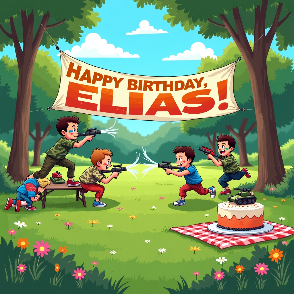 In the scene, we find ourselves in a sprawling park that has been transformed into an imaginative battlefield of birthday fun. The central feature is a vibrant green lawn that stretches out like a canvas, with scattered patches of colorful wildflowers providing natural cover for the players. In the foreground, four boys, each around 11 years old, are enthusiastically engaged in a spirited water pistol skirmish. Their faces are adorned with bold streaks of war paint in playful patterns—blues, greens, and oranges—that echo the styles of comic book heroes. They're dressed in a mix of army fatigues and civilian clothes, with some shirts tied around their heads like makeshift bandanas.

To the left, one boy, mid-leap in a daring parkour move, vaults over a picnic table, his water pistol poised for action. His camouflage pants blend him slightly into the lush backdrop of the park, making him a playful nod to an undercover operative. On the ground beneath him, another boy is belly-crawling through a patch of flowers, his water gun extended in front like a sniper, eyeing his target with a mischievous grin.

In the background, a large, colorful banner is strung between two sturdy trees. It reads "Happy Birthday, Elias!" in bold, cheerful letters with a camouflaged pattern, cleverly merging into the scene's lively aesthetic. Above, fluffy clouds float lazily across a clear blue sky, but on closer inspection, one cloud is humorously shaped like a water pistol, an Easter egg for the keen-eyed observer.

The edges of the scene are dotted with the silhouettes of more trees, and under the dappled shade, a small cake sits on a picnic blanket. It features an edible army tank perched on top, with tiny figures that appear to be engaging in a playful water battle themselves—symbolic of the day's adventures.

This dynamic tableau captures the energy of childhood fun and the playful spirit of Elias's special day, blending the themes of camouflage, parkour, and army antics with a youthful twist.
Generated with these themes: Camouflage, Parkour, Army, Boys playing with water pistols, 11 years old, and War paint.
Made with ❤️ by AI.