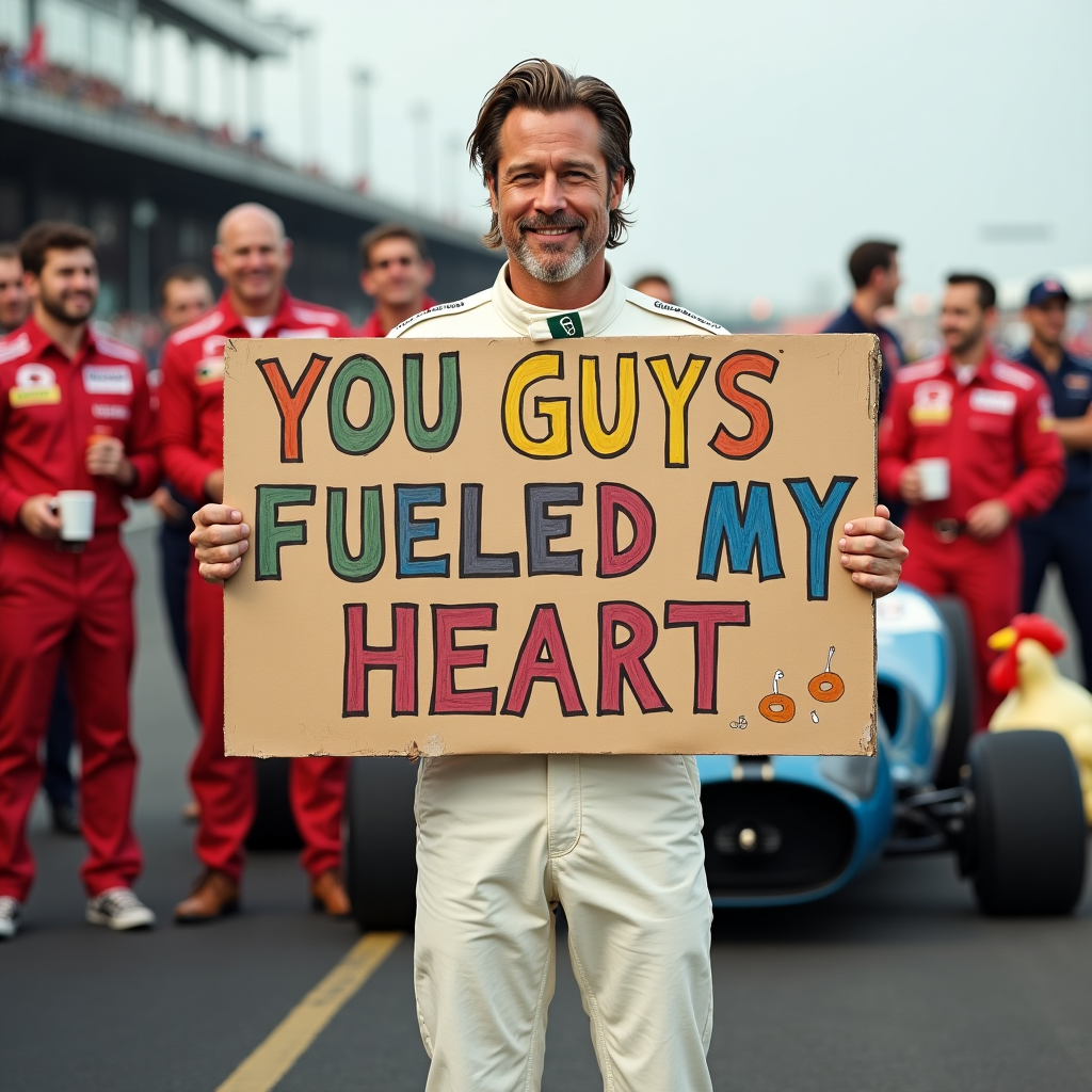 Brad Pitt in a white race suit saying thank you to his favourite location team Thank-you Card
