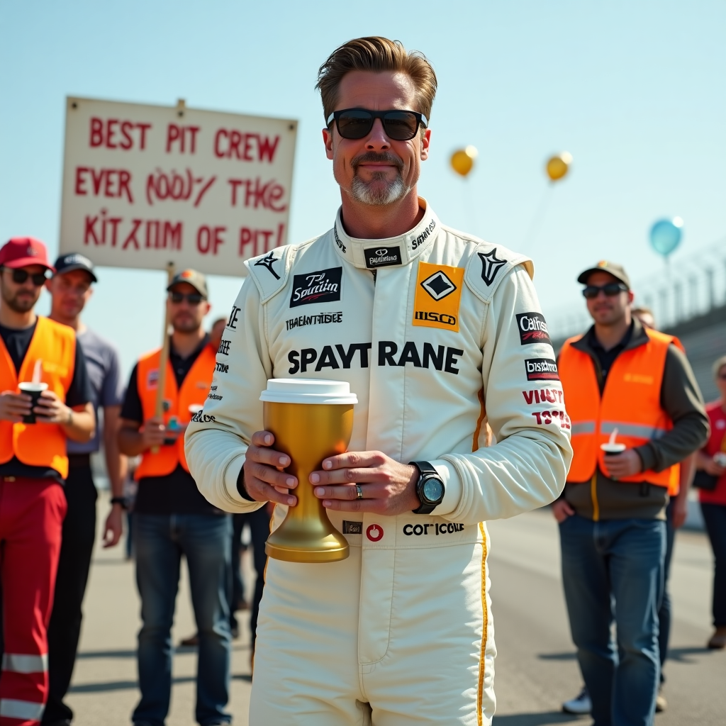 Brad Pitt in a white race suit saying thank you to his favourite location team Thank-you Card