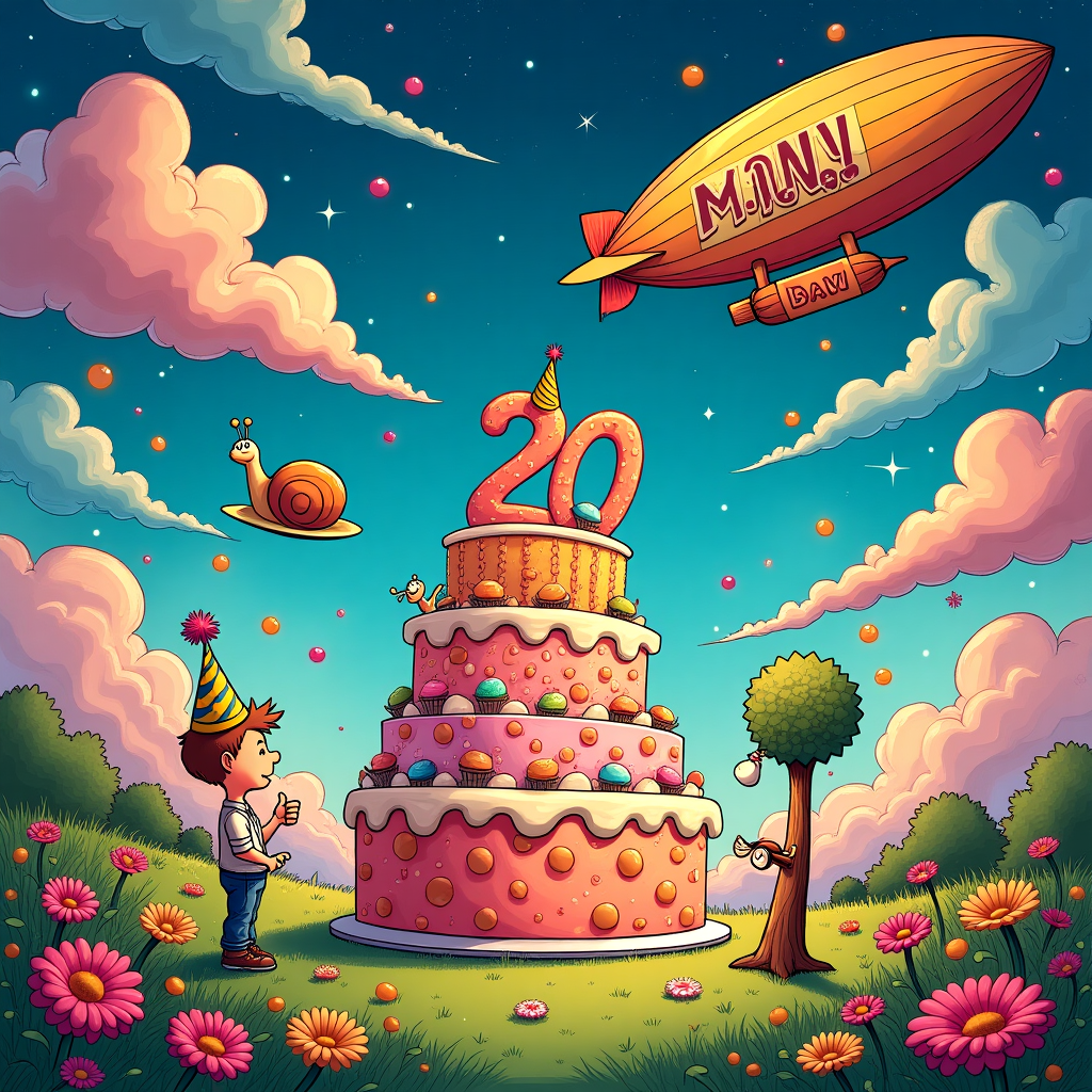 In a whimsical landscape where imagination runs wild, the scene unfolds like a page from a dream. The sky is a canvas of swirling, vivid colors—a mixture of deep blues and vibrant pinks, like a surreal aurora borealis, with fluffy, oversized clouds shaped like balloons. Nestled among these clouds is Dan's name, artfully arranged in large, friendly letters, as if the clouds themselves are celebrating his birthday. Below, a 20-year-old boy—let’s call him Dan—dons a cartoonishly large party hat adorned with cosmic patterns, standing in the middle of a lively party that takes place in a meadow filled with bizarre yet charming flora. The flowers are unlike any others; some have smiling faces, and others are shaped like tiny cupcakes with frosting petals.

The centerpiece is an enormous birthday cake with multiple tiers, each decorated in a different style—a layer mimicking the comic-strip panels of Schulz, another reflecting Tezuka's manga vibrancy. Small, animated characters dance around the cake, reminiscent of Disney's classic anthropomorphic creations. On the cake's top tier, a tiny figure of Calvin from Watterson's imagination is depicted, giving a thumbs-up next to a giant, glittering number "20" that sparkles like a disco ball.

In the background, a giant snail, reminiscent of Larson's quirky characters, glides slowly, wearing its own miniature party hat and carrying a platter of oversized jellybeans. Near the snail, a tall, thin tree sports R. Crumb-style doodles spiraling up its trunk, adding a touch of underground comix flair. Meanwhile, a vintage, cartoonish zeppelin, inspired by Hergé's adventurous style, floats overhead, trailing a "Happy Birthday, Dan!" banner in colorful, blocky letters that seem to twinkle with energy.

The entire scene is framed by two larger-than-life figures of cartoon kids—one with glasses and a cheeky grin, the other holding a large gift wrapped in comic-strip patterned paper, echoing Eisner's bold graphic style. Together, these elements combine to create a rich tapestry of birthday cheer, steeped in the traditions of great comic art yet teeming with surreal twists that make Dan's 20th birthday card truly unforgettable.
Generated with these themes: 20 year old boy partying .
Made with ❤️ by AI.
