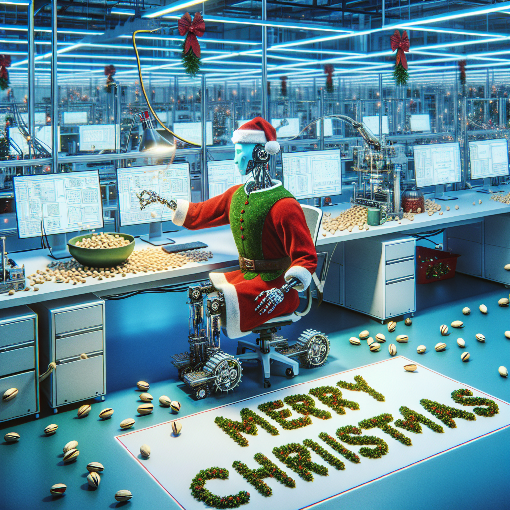 A surreal, Christmas-themed automation showcase takes place at the University of Glasgow. Amid the soft glow of computer screens, a robot – garbed in a Santa suit – orchestrates a symphony of RPA tools. The robot, a dedicated member of the research team, efficiently sorts pistachios into a pattern that spells out 'Merry Christmas, Jennifer' on the lab floor, creating a festive moment of technological wonder amid the buzz of innovation.
Generated with these themes: Automation, RPA, Robot, Pistachios, Team, and University of glasgow.
Made with ❤️ by AI.