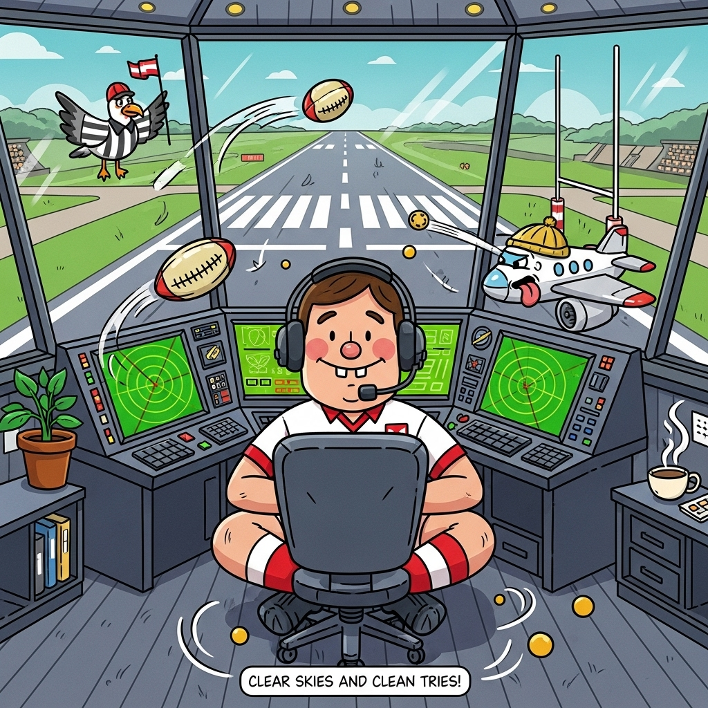 At the top of the Cartoon Style image, Good luck

Playful, funny cartoon scene inside a quiet air traffic control tower. Central focus: a big-headed, goofy air traffic controller sitting cross‑legged in an oversized swivel chair, wearing a white rugby jersey with bold red accents and an outsized headset. Thick black outlines, exaggerated proportions, bright saturated colors, and bouncy, energetic posing.

In front of them, chunky consoles glow with lime-green radar screens where the blips are rugby-ball shaped, leaving swooshy trails. Through the huge wraparound windows, the runway looks like a rugby pitch: crisp green, painted lines, and towering white goalposts at the far end. A small cartoon airplane wearing a scrum cap lines up for a “conversion,” tongue out in comic concentration. A cheeky seagull in referee stripes hovers to one side, raising a tiny flag. The room feels peacefully quiet: soft light, tidy panels, a little potted plant, and a gently steaming cup, with whimsical motion lines adding energy without breaking the hush.

Add a small hand-lettered caption at the bottom: Clear skies and clean tries!

Style notes: playful cartoon aesthetic, thick outlines, glossy highlights, punchy reds and whites for rugby elements, sky blues and teals, runway greens, warm golden accents. No other legible text.
Generated with these themes: Sitting in Quiet Air traffic control tower, English rugby, , and .
Made with ❤️ by AI.