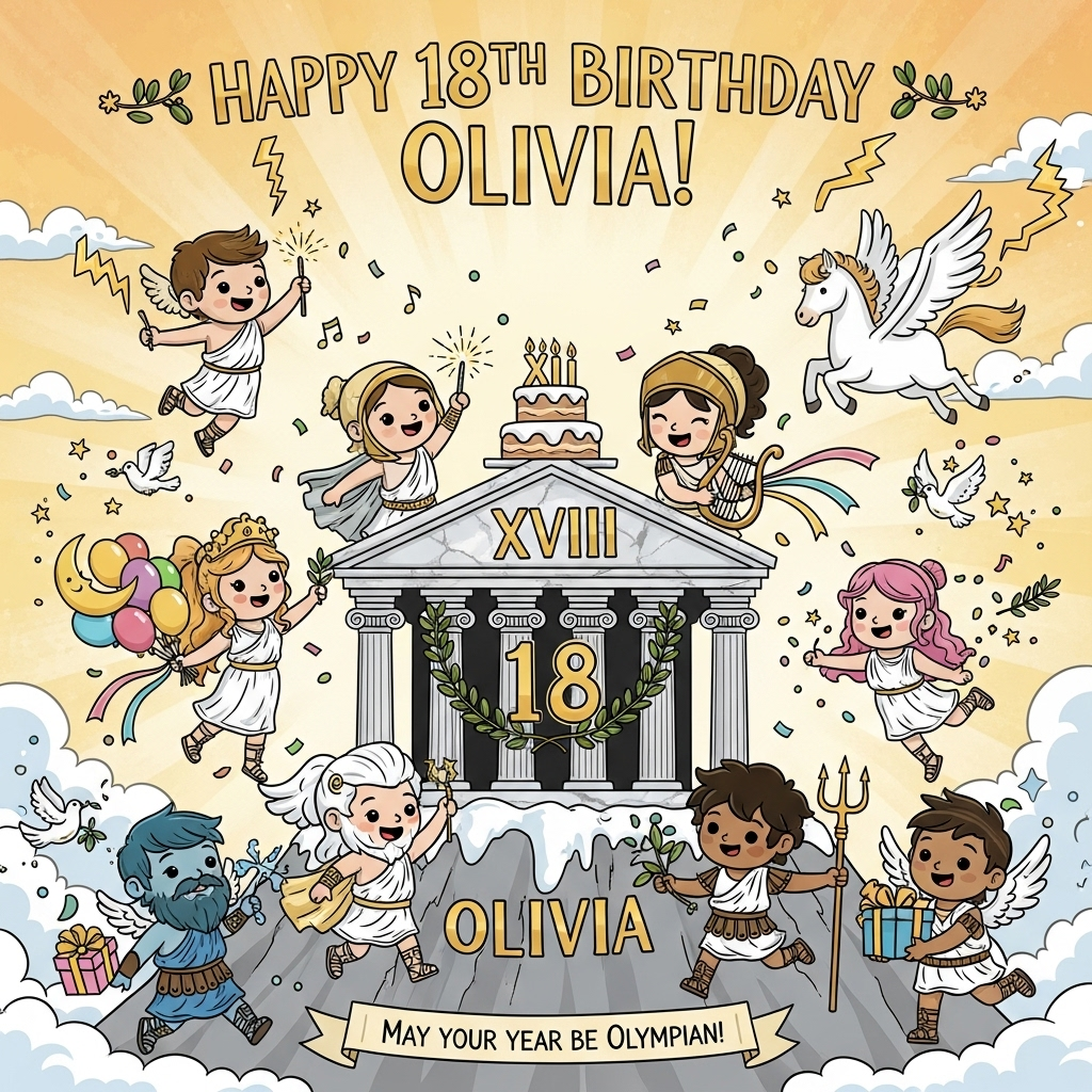 At the top of the Cartoon Style image, "Happy 18th Birthday Olivia!"

Playful Cartoon Style, sincere and celebratory, with thick black outlines, bright saturated colors, and whimsical, energetic poses. Full-bleed portrait composition on sunny Mount Olympus amid cotton-candy clouds. Centerpiece: a grand marble-temple birthday cake with frosted Ionic columns and a glowing Roman numeral XVIII as candles. Zeus/Jupiter (round, twinkly-eyed) raises a tiny lightning-bolt sparkler; Athena/Minerva (warm smile) gently lowers a laurel crown woven from olive leaves; Apollo strums a golden lyre, rainbowy music ribbons arcing; Artemis/Diana arrives with a crescent-moon balloon bouquet; Hermes/Mercury zips in on winged sandals carrying gift boxes; Poseidon/Neptune splashes confetti waves shaped like mini tridents; Aphrodite/Venus releases doves clutching olive sprigs. Pegasus prances on a cloud, scattering starry glitter.

Olive-leaf garlands subtly form the number 18 around the cake, nodding to Olivia’s name. Lightning-bolt and laurel confetti swirl through a warm, sunlit sky. Characters are cute and exaggerated, with big expressive eyes and bouncy shapes; modest, toga-style outfits. Title lettering feels friendly and mythic: hand-lettered gold with laurel accents, softly glowing against a hint of marble texture behind it. High contrast, crisp clean lines, minimal background clutter, sincere joyful mood.

At the bottom on a small scroll ribbon, add a single short caption: "May your year be Olympian!"
Generated with these themes: Greek and roman mythology, and .
Made with ❤️ by AI.