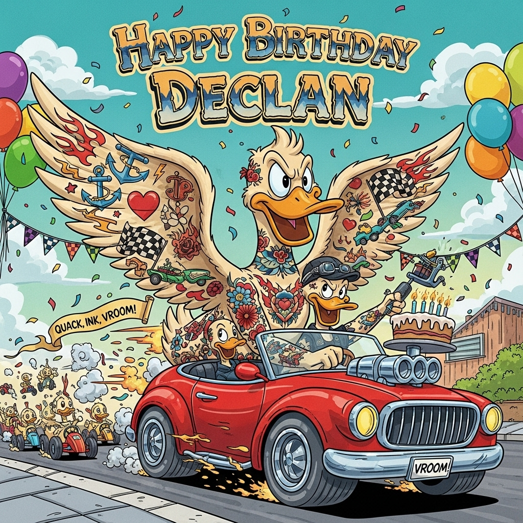 At the top of the Cartoon Style image, the text “Happy Birthday Declan” in big bubbly tattoo-script letters with a thick black outline, bright gradient fill, and confetti drop-shadow.

A large, playful, full-bleed cartoon scene bursting with color and energy: Center stage, an oversized, tattooed duck with a cheeky grin and exaggerated features is blasting down a street in a candy-apple-red hot‑rod convertible. The duck’s wings sport bold, classic tattoo art—anchors, hearts, flames, lightning bolts, checkered flags, and tiny cars—outlined thickly and filled with saturated inks. The hot‑rod has comically large wheels, chrome pipes puffing confetti clouds, and a rubber‑duck hood ornament; speed lines, swooshes, and sparkly motion streaks amp up the action. In the back seat, a cool duck tattoo artist (sleeves rolled) brandishes a buzzing, cartoonish tattoo machine shaped like a mini race car, while a flock of smaller ducks in pint‑sized go‑karts zoom behind, honking and throwing streamers. The street is festooned with balloon clusters and checkered bunting; a birthday cake rides shotgun, candles flickering as the car rumbles. Bright, saturated palette (sunny yellows, teal skies, candy reds, electric purples), thick outlines, and whimsical, energetic poses throughout; low, dynamic three‑quarter angle for maximum vroom.

Place a small cheeky caption on a fluttering banner trailing from the car: “Quack, Ink, Vroom!”
Generated with these themes: Tattoo, ducks, cars, and .
Made with ❤️ by AI.