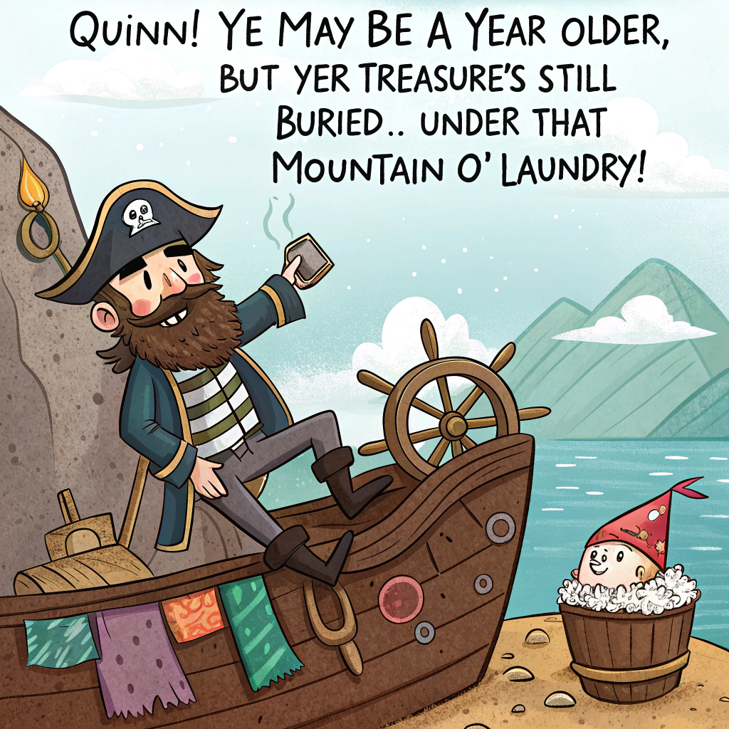 At the top of the image, "Quinn! Ye may be a year older, but yer treasure's still buried… under that mountain o' laundry!"  

- Create a realistic photograph-style image of a ragtag pirate crew aboard a weathered pirate ship resembling something out of "Pirates of the Caribbean."  
- One of the pirates is clearly Quinn (make them the focal pirate character), lounging dramatically in a captain's chair with a birthday crown tilted on their tricorn hat.  
- Around Quinn, the pirate crew are trying to dig through a hilariously oversized pile of clothes on the deck — shirts, socks, underpants — using cutlasses, treasure maps, and spyglasses like tools.  
- In the background, a banner flaps in the wind reading “Ye Olde Birthday Bash!” and seagulls perch on cannonballs shaped like cupcakes.  
- Set under a bright, slightly dramatic sunset sky for cinematic flair, with added humorous chaos in the background like a pirate sword-fighting with a mop.
Generated with these themes: Pirate ship, and Pirayes of the caribbean.
Made with ❤️ by AI.