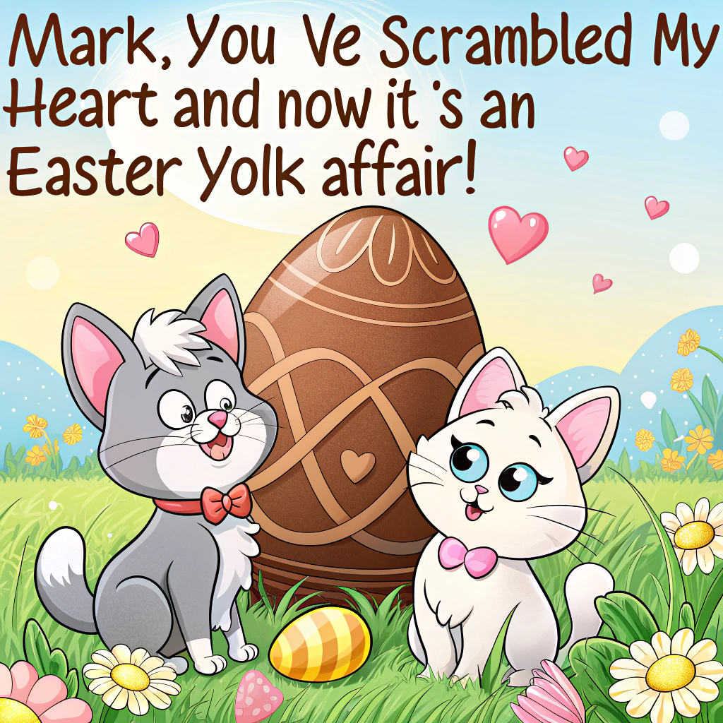 At the top of the image, "Mark, you’ve scrambled my heart — and now it’s an Easter yolk affair!"

- In the center of the illustration, depict two cartoon cats sitting in a sunny meadow filled with colorful Easter eggs and blooming flowers.  
- The male cat, Mark, is a suave grey tabby with a pastel bowtie and a cheeky grin. He’s coolly lounging against a giant chocolate egg.  
- The female cat, Nadin, is a fluffy white-and-ginger feline wearing bunny ears and heart-shaped sunglasses, gazing adoringly at Mark with a dreamy expression.  
- Between them is an Easter basket filled with carrots, jellybeans, and one suspiciously heart-shaped egg with their initials "M + N" scribbled in chocolate.  
- A couple of curious chicks are peeking from behind the eggs, watching the feline flirtation unfold.  
- Add subtle pun-filled signage like a tiny wooden board stuck in the grass that reads “Hoppily Ever After Starts Here” and a banner trailing from a butterfly that says “100% Cat-traction.”
Generated with these themes: Two cats in love. The male cat is called Mark, the female cat is called Nadin. Nadin is in love with Mark.
Made with ❤️ by AI.