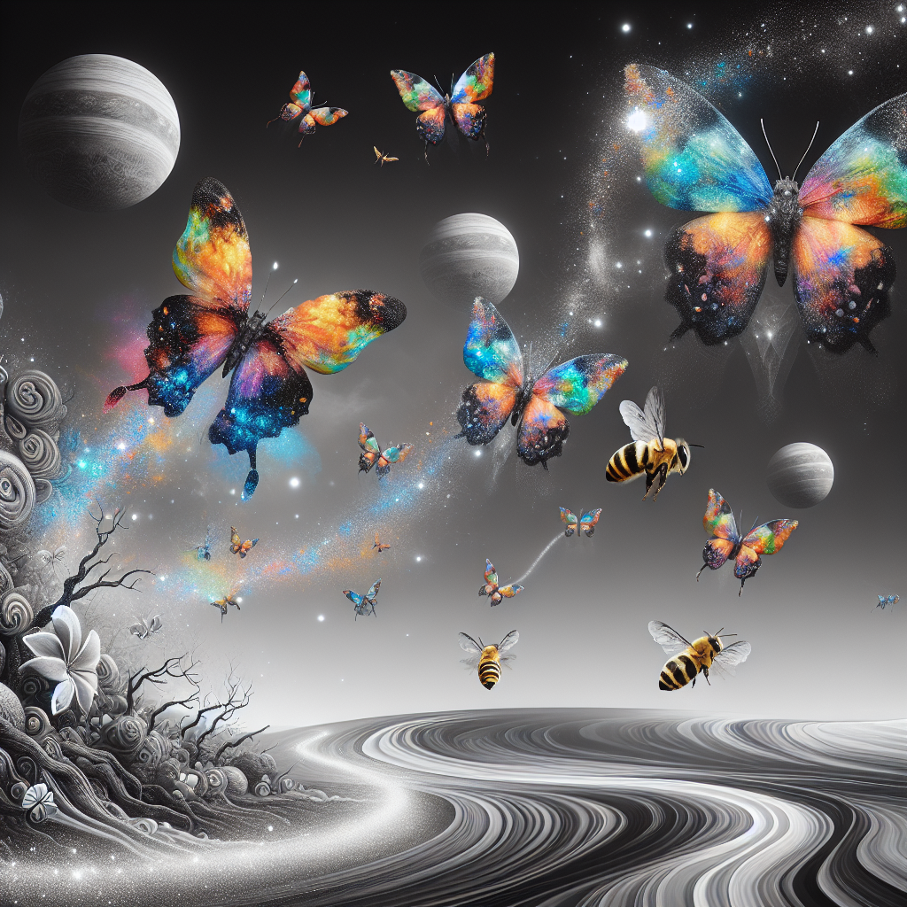 Conjure up a grand scene with a hint of surreal realism, where colourful, otherworldly butterflies take flight in a black and white setting, marking an important accomplishment. Honey bees buzz in a melodious tone, as if they're singing a tune of congratulations in recognition of someone's well-deserved victory.
Generated with these themes: humbugs.
Made with ❤️ by AI.