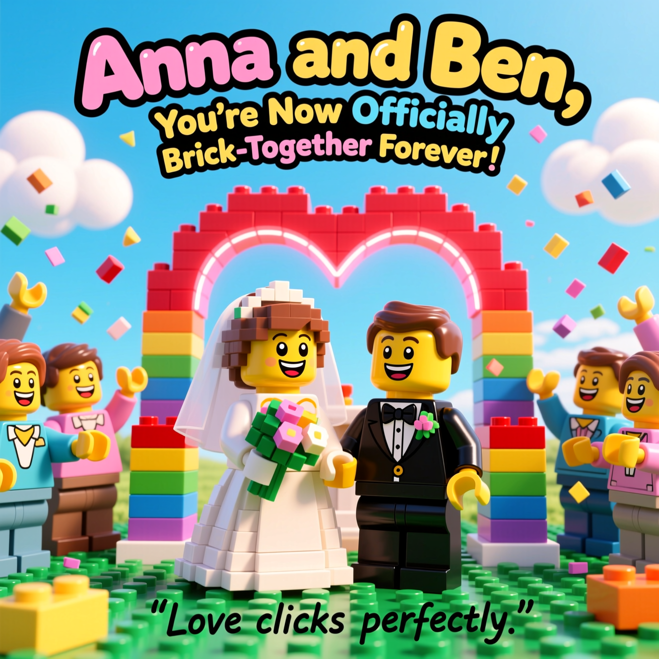 At the top of the Cartoon Style image, write in bold playful bubble letters: **Anna and Ben, You’re Now Officially Brick-Together Forever!**  

A cute, colorful cartoon scene of a Lego-themed wedding: two smiling Lego bride and groom characters with oversized expressive eyes and joyful grins, standing at the altar made of stacked rainbow-colored Lego bricks. The bride wears a flowing Lego-style gown with blocky flower bouquet, and the groom in a tiny Lego tuxedo with a bow tie. Surrounding them are happy Lego guests with exaggerated waving arms, tossing little Lego brick confetti in the air. A Lego heart-shaped archway rises behind them, glowing with bright reds and pinks. The background is a sunny sky with cartoonish fluffy clouds, and the ground looks like a playful Lego baseplate in cheerful greens. Thick black outlines, bright saturated colors, and a whimsical, lighthearted mood.  

Optional small caption at the bottom in quirky handwritten text: **"Love clicks perfectly."**
Generated with these themes: Lego wedding , and .
Made with ❤️ by AI.