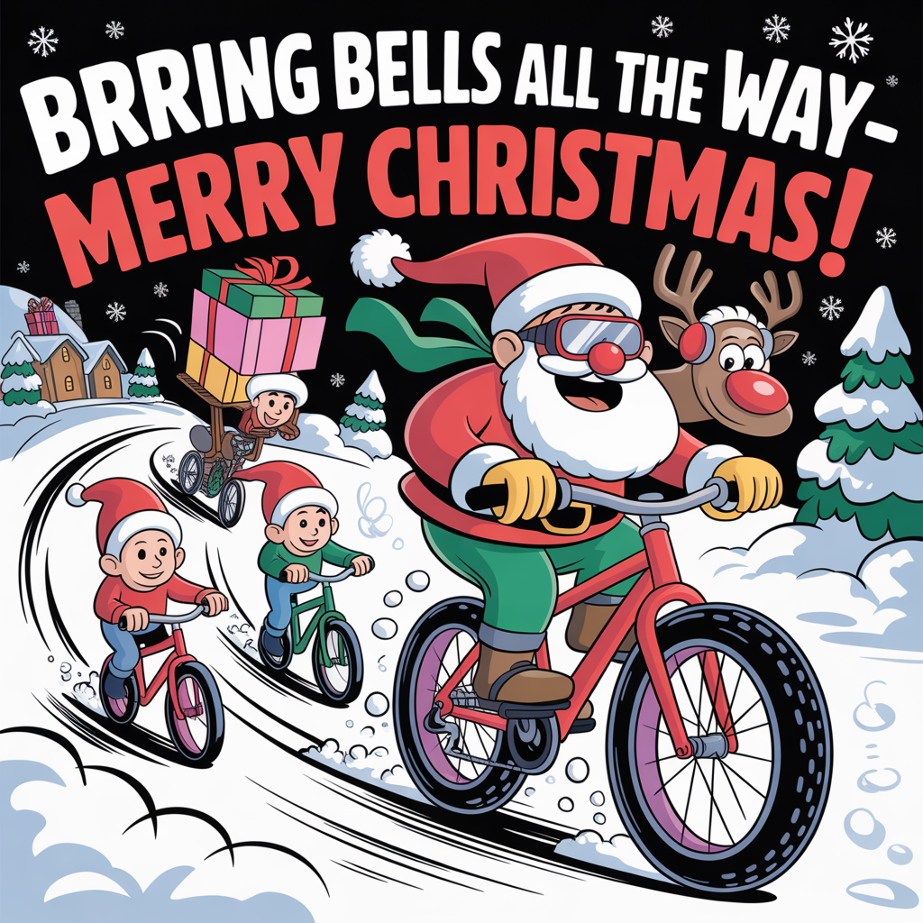 At the top of the image, add in big, bold, playful letters: "Brrring bells all the way—Merry Christmas!"

- Scene: A zany, cartoon snowy street with thick outlines and bright saturated colors. Santa, with an oversized head and billowing beard, is joyfully riding a candy-cane–striped fat-tire bicycle through fluffy snow, scarf and goggles flapping. A reindeer in earmuffs skids beside him on a tiny BMX, spraying powder. Two pint-sized elves pedal wobbling mini-bikes behind them, one balancing a teetering stack of wrapped gifts, the other towing a gift-laden bike trailer. Exaggerated, energetic poses, big wheel treads carving swoopy tracks, motion lines and puffs of snow for comedic oomph. Twinkly pine trees and a cozy village glow in the background; starry snowflakes swirl. Keep the headline large and prominent at the top, with frosty white letters, a cherry-red outline, and plenty of sky for contrast. Style: playful cartoon, thick outlines, exaggerated proportions, whimsical, high-energy.
Generated with these themes: Bicycles, riding in the snow, and .
Made with ❤️ by AI.