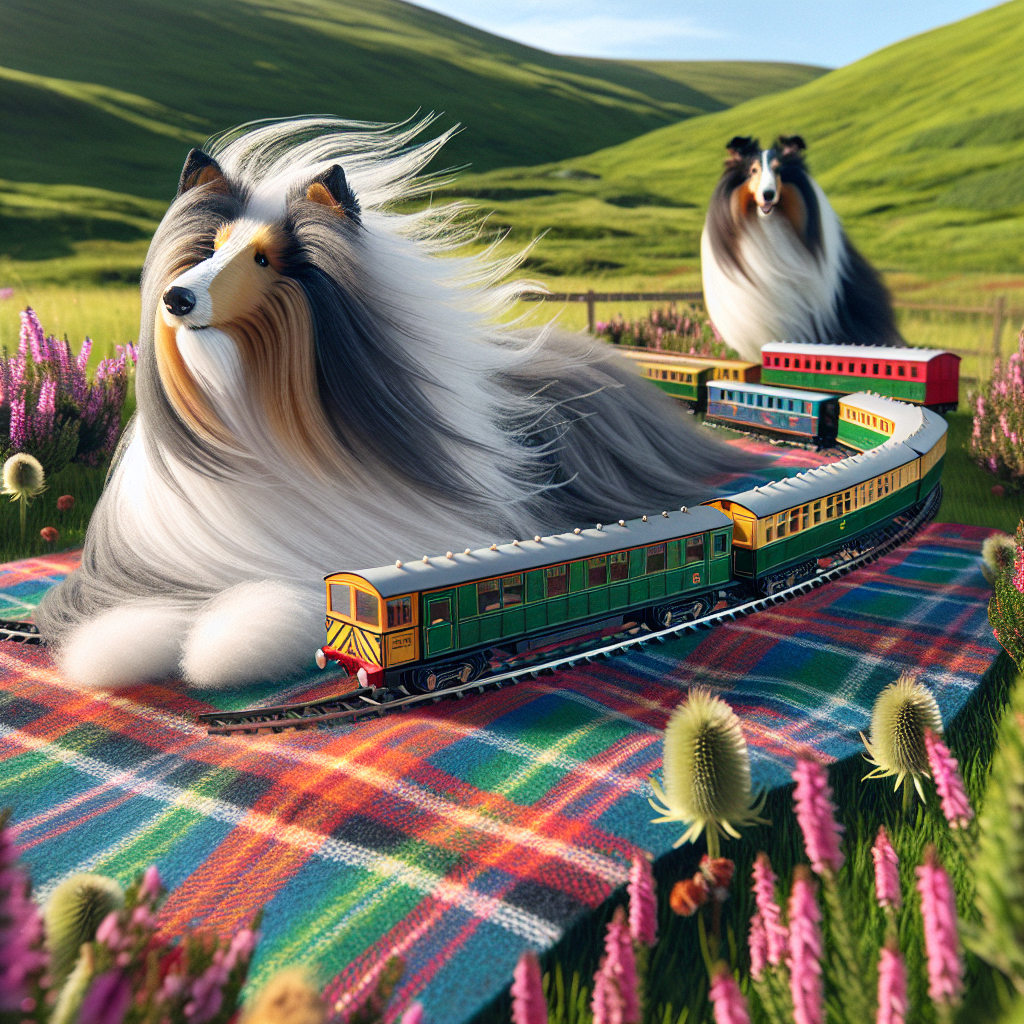 Black and white bearded collie dogs, scotland, MacBean tartan and trains Fathers-day Card