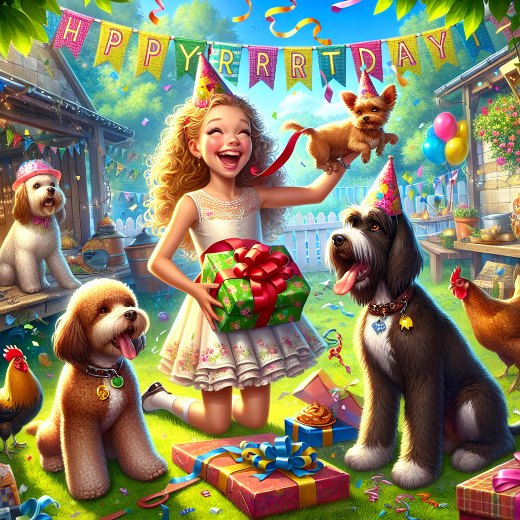 The image captures a delightful birthday scenario on a sunny day. A jubilant Caucasian girl, dressed in a festive outfit, stands at the center, excitedly unwrapping a gift. Her two diligent canines, a brown cockapoo, and a fawn-colored Italian greyhound, sit loyally next to her, gazing at the present with mounting impatience. Around this central tableau, chickens in various shades and sizes nonchalantly wander through the lush garden, oblivious to the festive scene. A colorful banner flaunts the phrase '7 Years of Fun', whilst party hats, flowing streamers, and a gentle shower of confetti contribute to the vibrant atmosphere of happiness and hilarity.
Generated with these themes: Niece, Brown cockapoo, Fawn Italian greyhound, Chickens, and 7.
Made with ❤️ by AI.
