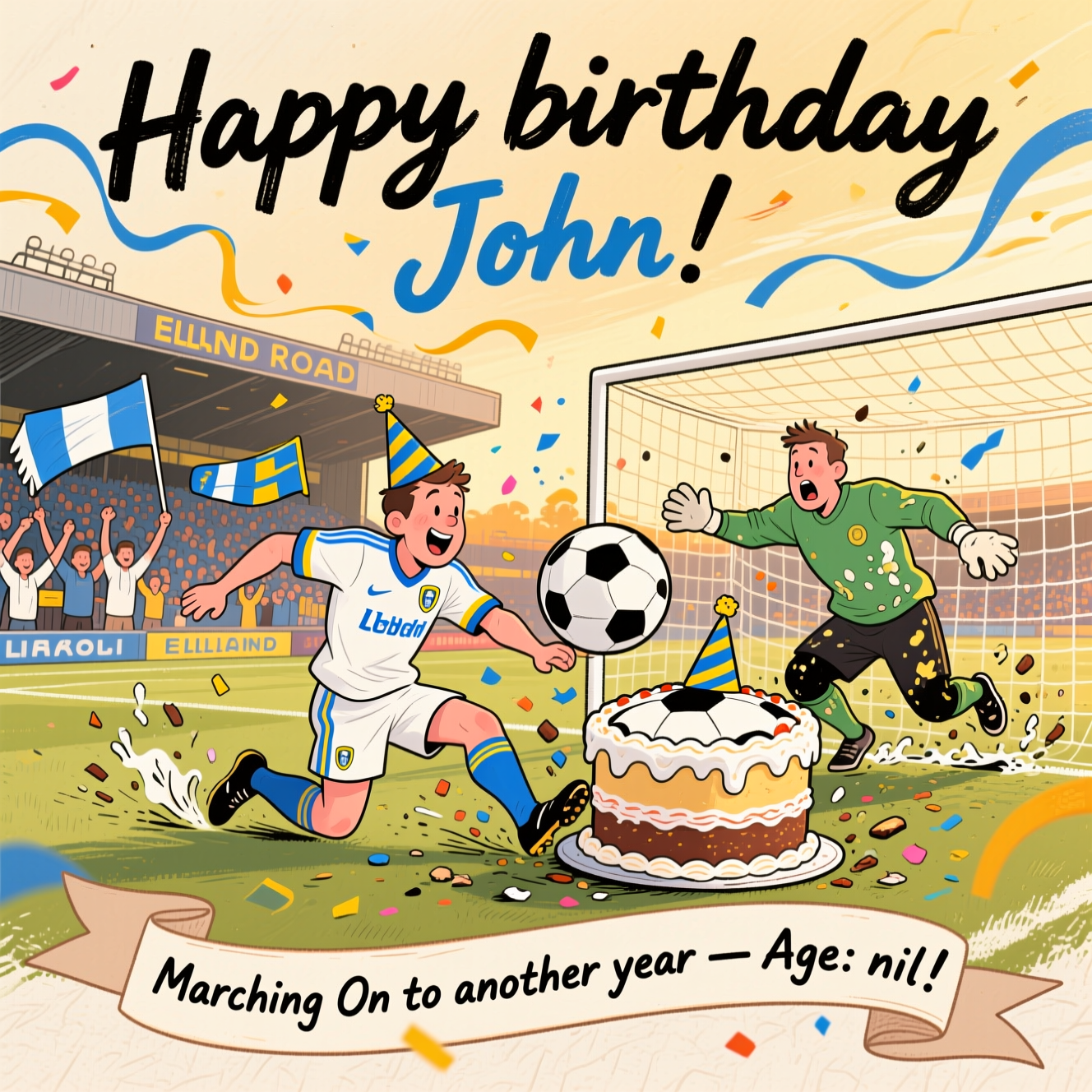 At the top of the Illustration Style image, "Happy birthday John"

At the bottom of the image, "Marching On to another year — Age: nil!"

Create a hand-drawn illustration with fine linework, textured brush strokes, and a warm, expressive color palette. Center scene: on the Elland Road pitch at golden-hour, John in a classic Leeds United white kit with blue and yellow trim and a cheeky party hat is mid knee-slide, having “scored” a giant football-shaped birthday cake into the net—icing and crumbs flying like celebratory confetti. A comically stunned keeper in retro green is tangled in the net, splattered with frosting. In the stands, loosely sketched fans wave white-blue-yellow scarves; streamers arc through the air to balance the composition. Make the headline and punchline bold and dominant: the top line in expressive hand-lettered brush script in Leeds colors, the bottom line on a curved ribbon banner. Add lively motion lines, soft shading, subtle paper grain, and a joyful, humorous vibe.
Generated with these themes: Football Leeds united, and .
Made with ❤️ by AI.