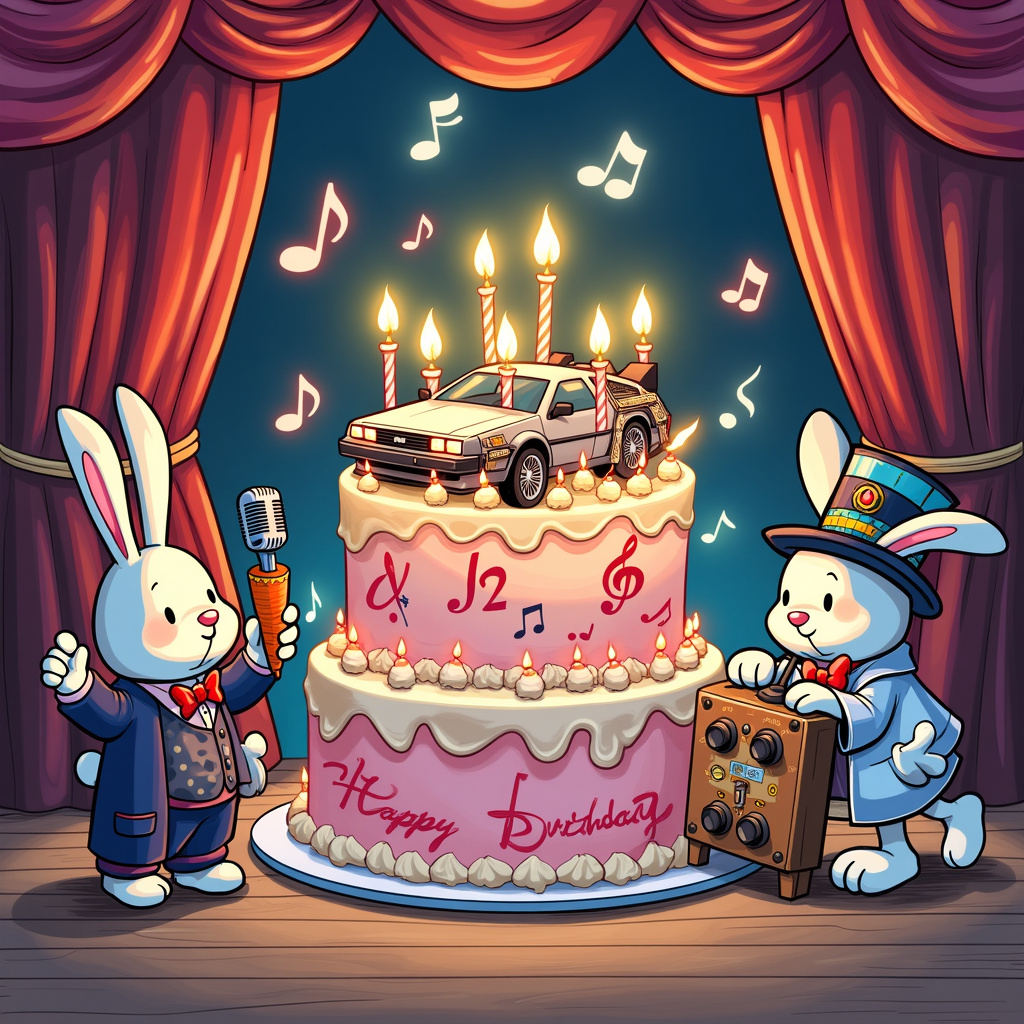 The front cover of the birthday card showcases a vibrant, whimsical scene that blends together all the requested themes in a charming, cartoonish style inspired by the listed artists. 

In the center of the scene, we have a giant birthday cake with 22 candles, each designed like a tiny stage spotlight, flickering as though ready for a grand performance. The cake is decorated with frosting patterns that mimic musical notes and theatrical masks, while the top layer features a miniature DeLorean car from "Back to the Future," poised as if ready to take off.

Around the cake, a troupe of bunnies, dressed in Broadway-style costumes, perform a musical theatre number. One bunny, dressed like a little Phantom of the Opera, dramatically sings atop a carrot-shaped microphone stand. Another bunny, in a top hat and cane reminiscent of a classic tap dancer, taps away next to the cake.

To the right of the cake, there's a whimsical time-travel element: a retro-futuristic time machine control panel, styled after Doc Brown’s invention, with colorful, oversized buttons and dials that the bunnies can interact with. One bunny, wearing a lab coat and goggles, hops on the control panel, seemingly adjusting the time settings.

In the background, a theatre stage curtain with the words "Happy 22nd Birthday!" opens wide, revealing a fantastical blend of 1950s diner and 1980s neon lights, connecting the nostalgic feel of "Back to the Future." Above the curtain, spotlights and marquees illuminate the scene, casting a warm, inviting glow.

Every element is drawn with a playful and detailed touch: the bunnies' expressive faces and intricate costumes, the frosting’s swirls on the cake, and the detailed retro-futuristic gadgets. The overall layout bursts with energy, each part telling its part of the interconnected story.

The style incorporates Schulz’s expressive characters, Disney’s whimsical details, Tezuka’s dynamic scenes, Watterson’s lively interactions, and hints of Larson’s surreal humor, creating a rich, layered scene perfect for a quirky, unique birthday greeting card.
Generated with these themes: Musical theatre, 22, Cake, Back to the future , and Bunnies.
Made with ❤️ by AI.