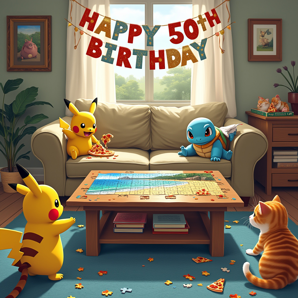 Cats, Pikachu, Squirtle, Pizza, Jigsaw, and Pikachu and Squirtle doing a jigsaw with cats eating pizza and a Happy 50th Birthday banner Birthday Card