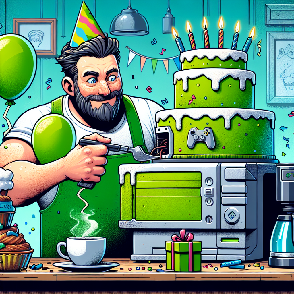 The birthday illustration showcases a scene where a man with a similar physique to a popular Hollywood actor, recognizably known for his quirky roles, is humorously engrossed in a DIY project. He builds a huge birthday cake shaped like a popular gaming console. As his eyes gleam with excitement, he appears to be in his own little world of joy. Adjacent to him, a coffee machine gushes out a sizeable cup, the aromatic scent permeating the room and adding zeal to his endeavors. The celebratory mood is enhanced by green balloons and streamers that match the gaming console's signature color.
Generated with these themes: Xbox, DIY, Coffee, and Nicholas Cage.
Made with ❤️ by AI.