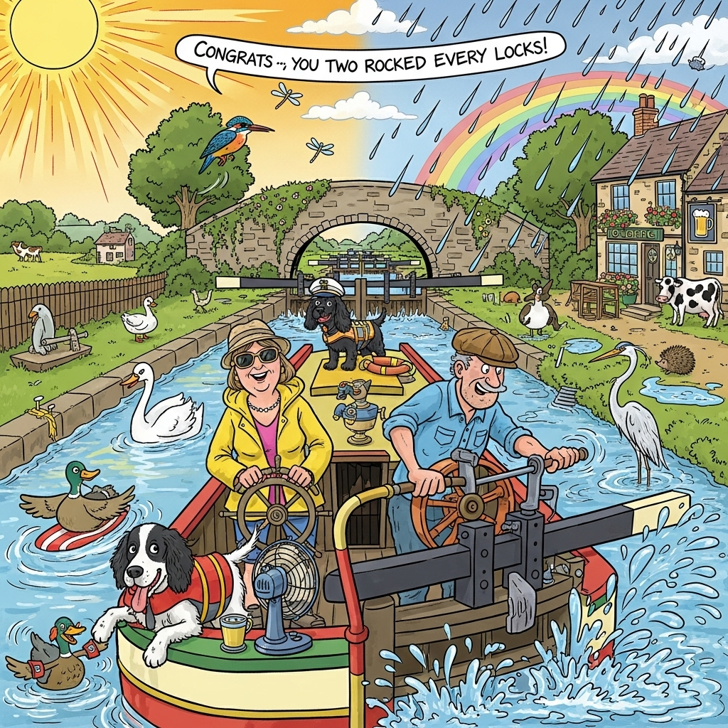 Playful Cartoon Style, thick black outlines, bright saturated colors, exaggerated proportions, funny, energetic mood: A jaunty narrowboat chugs along an English canal, the scene split whimsically between blazing summer heat and a dramatic downpour. On the tiller, a cheerful middle‑aged woman in a yellow raincoat over a summery outfit, sunglasses pushed up and a suncream stripe on her nose, grins as she steers. Her partner, sleeves rolled and flat cap askew, heroically cranks a big hand‑operated lock windlass with exaggerated motion lines and splashy gushes of water. On the bow, a black‑and‑white springer spaniel with feathery ears and a red life jacket leans forward, tongue out; on the cabin roof, a black cocker spaniel in a tiny skipper’s cap and life jacket, ears flapping. The canal foams through a lock; a comical procession of many lock gates recedes into the distance like an endless challenge. A classic stone bridge arches overhead with ivy and wildflowers. Countryside alive with wildlife: curious swans and ducks, a bright kingfisher mid‑dart, a gawky heron, dragonflies, a hedgehog on the towpath, and cows in a sunlit field. A cozy canal‑side pub sits in the background with flower baskets and a pictogram sign of a foaming pint. Weather gags: left side blazing sun with heat shimmer, a little desk fan on deck; right side fat raindrops, puddles splashing, and a playful rainbow bridging the two. Add silly touches like a duck surfing a ripple in armbands and the partner’s cap blown sideways. Low, wide‑angle view for drama; bold, flat shading and crisp linework. Include one short, hand‑lettered line curved across the sky: “Congrats — you two rocked every lock!”
Generated with these themes: Narrow boat adventure, and .
Made with ❤️ by AI.