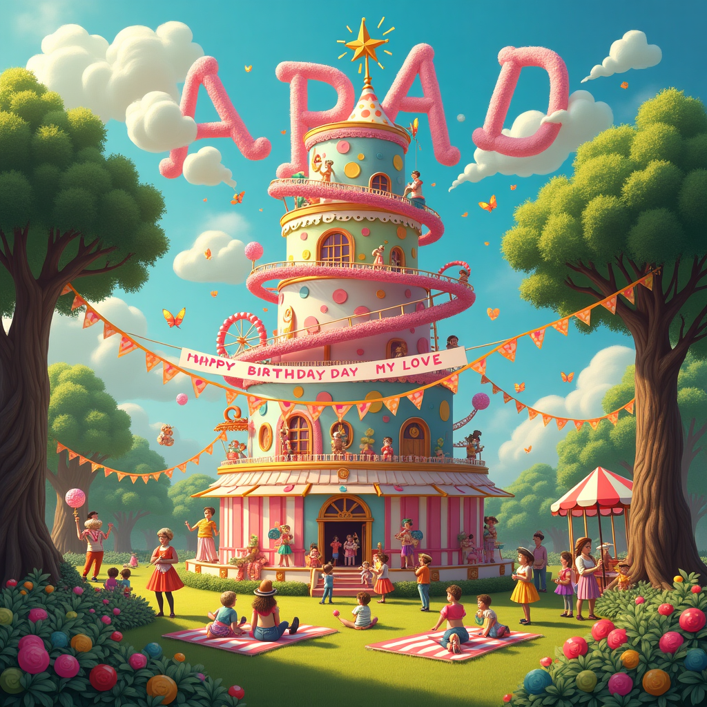 Picture a bustling and vibrant birthday carnival in a luscious, whimsical garden. The focal point is a larger-than-life birthday cake that defies gravity, teetering whimsically with tier upon tier of pastel-colored layers. Each layer of the cake is adorned with sugary replicas of oversized carnival rides—ferris wheels, carousels, and even a miniature roller coaster that seems to twist up and around the cake, made entirely of candy tracks.

In the sky above, puffy clouds form the words "HAPPY BIRTHDAY MY LOVE" with their shapes, as if a gentle breeze has whimsically painted them across the azure expanse. The sun shines brightly, its rays appearing to sparkle with a faint glitter, enhancing the celebratory feel.

In the foreground, a large, flamboyant banner stretches between two ancient, majestic oak trees. The banner reads "ABAD" in dazzling, multicolored letters. Each letter is made up of different objects that relate to love and celebration: the letter 'A' is formed with intertwining roses, the 'B' is crafted with balloons of all shapes and sizes, the 'A' is again represented by a heart-shaped formation of fireflies caught mid-flight, and the 'D' is depicted using a spiral of dancing sparklers.

Around the garden, an array of colorful picnic blankets are dotted with friends and family who are dressed in playful, vintage carnival attire, partaking in an assortment of festive treats and delights—candy apples, popcorn, and lemonade in striped cups. A juggler clad in polka dots entertains children in the background, his juggling balls glowing in fluorescent colors, as a small jazz band plays jubilantly nearby, adding a harmonious soundtrack to the scene.

Everywhere you look, there are subtle nods to the birthday theme—tiny, playful fairies flit about with wings shimmering like party confetti, and bunting made of miniature flags flutters gently in the breeze, stretching across the sky as if directing attention to the celebratory grandeur of the day.
Generated with these themes: HAPPY BIRTHDAY MY LOVE.
Made with ❤️ by AI.