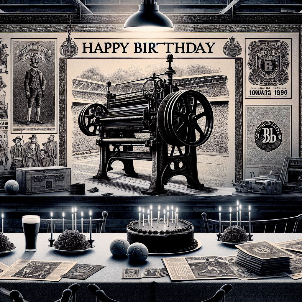 In this birthday setting, the solemn and realistic atmosphere stands out with a backdrop of a historic printing press, paying homage to the technological advancements of the past. The rich heritage of a famous football club is woven into the design with vintage football memorabilia and subtle team insignias scattered throughout the space. Monochrome prints, drawn with a detailed and emotional style, similar to art that captures historical moments, narrate the football team's storied past. These elements infuse the celebration with a sense of reverence and pride.
Generated with these themes: PRINTING PRESS, LIVERPOOL FC, DRUPA, and JOHN WORSLEY.
Made with ❤️ by AI.