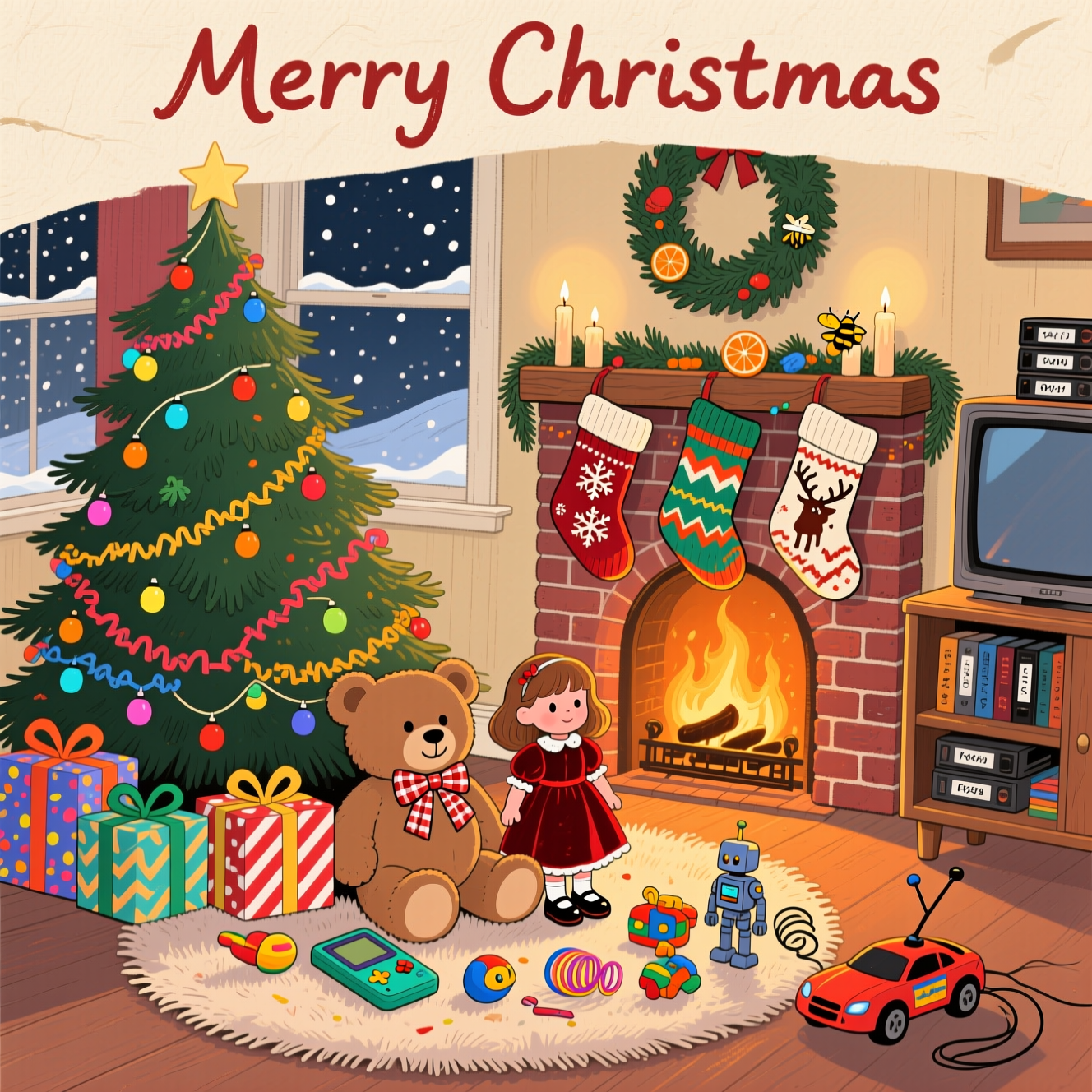 1990s, christmas tree, toys, stocking, teddy bear, doll, fireplace, 1990s, christmas tree, toys, stocking, teddy bear, doll, fireplace, and Christmas Card