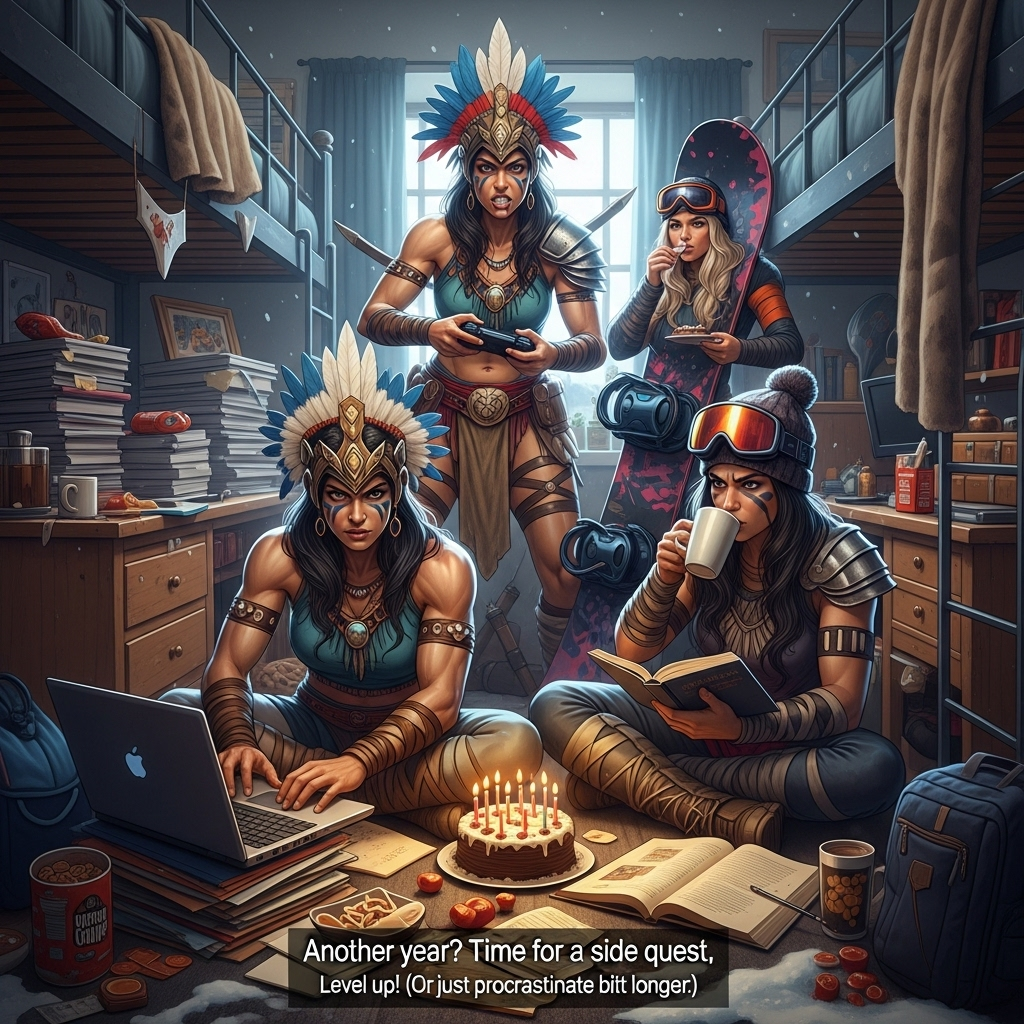 Amazonian women, Uni work, Gaming, Snowboarding, and Birthday Card