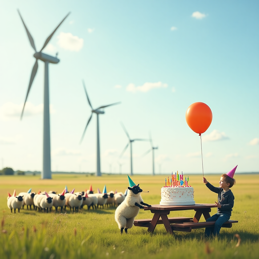 **Prompt:**

At the top of the realistic photograph image, "Happy Windy Birthday, Jacob Grandson 9th — you're really turning heads this year!"

A realistic, high-resolution photograph taken in a wide open rural field on a bright, slightly cloudy day. Several giant wind turbines stand tall in the background, their blades spinning dramatically. In the foreground, a flock of sheep wearing colorful party hats grazes peacefully while one is holding a "Birthday Baaa-lloon" in its mouth. A large birthday cake, frosted to look like a turbine and precariously perched on a picnic table, is being hilariously blown over by the wind. Nearby, a child (from behind, not identifying features) attempts to light candles, but the breeze keeps blowing them out, adding comic timing. The mood is lighthearted, cheeky, and joyful.
Generated with these themes: Wind turbines .
Made with ❤️ by AI.