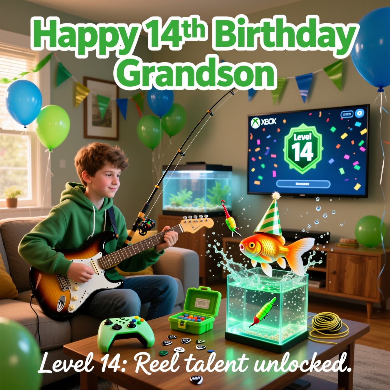 At the top of the Photorealistic picture taken from a camera image, “Happy 14th Birthday Grandson” in bold, playful sans‑serif, Xbox‑green with a soft white outline and subtle drop shadow.

Ultra-high-definition 4K UHD photorealistic scene captured like a real candid photo: a cozy living room mid-party, with blue and green balloons and streamers. Over-the-shoulder view of a 14-year-old teen on a sofa, a glossy sunburst electric guitar strapped over his hoodie. Beside him, a fishing rod is cast into a large, crystal-clear home aquarium; the lure is a miniature Xbox-style controller glowing neon green. Freeze-frame moment: a goldfish wearing a tiny paper party hat leaps out in a sparkling splash, micro water droplets suspended in the air, just about to “bite” the controller-lure. On the wall-mounted TV next to the aquarium, a paused console screen shows confetti and a big “Level 14” badge. On the coffee table: an actual game controller, a small tackle box, scattered guitar picks, and coiled strings. Warm natural window light from the left, accurate skin tones, lifelike textures (wood grain on the guitar, nylon strings, glass reflections, water droplets), rich depth of field. Shot on a full-frame DSLR, 50mm lens, f/1.8 for shallow DOF focused on the fish and lure, 1/1000s to freeze the splash, fine bokeh from balloons in the background. Clean, realistic color grading, no visible brand logos beyond Xbox styling, no watermarks.

At the bottom of the image, add a small cheeky caption: “Level 14: Reel talent unlocked.” in a white handwritten script with a gentle shadow.
Generated with these themes: X-box ,fishing, guitar , and .
Made with ❤️ by AI.