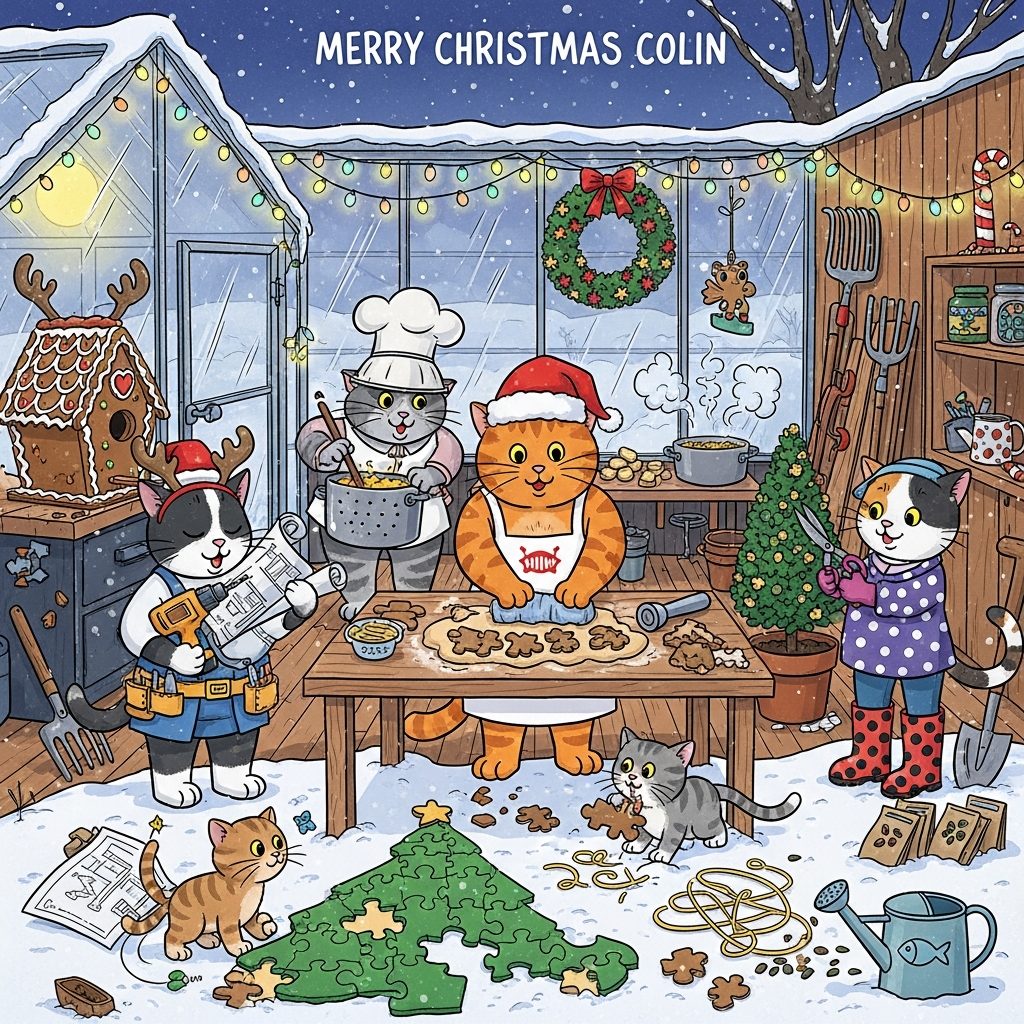 Cats, gardening, cooking, diy, puzzles, and Christmas Card