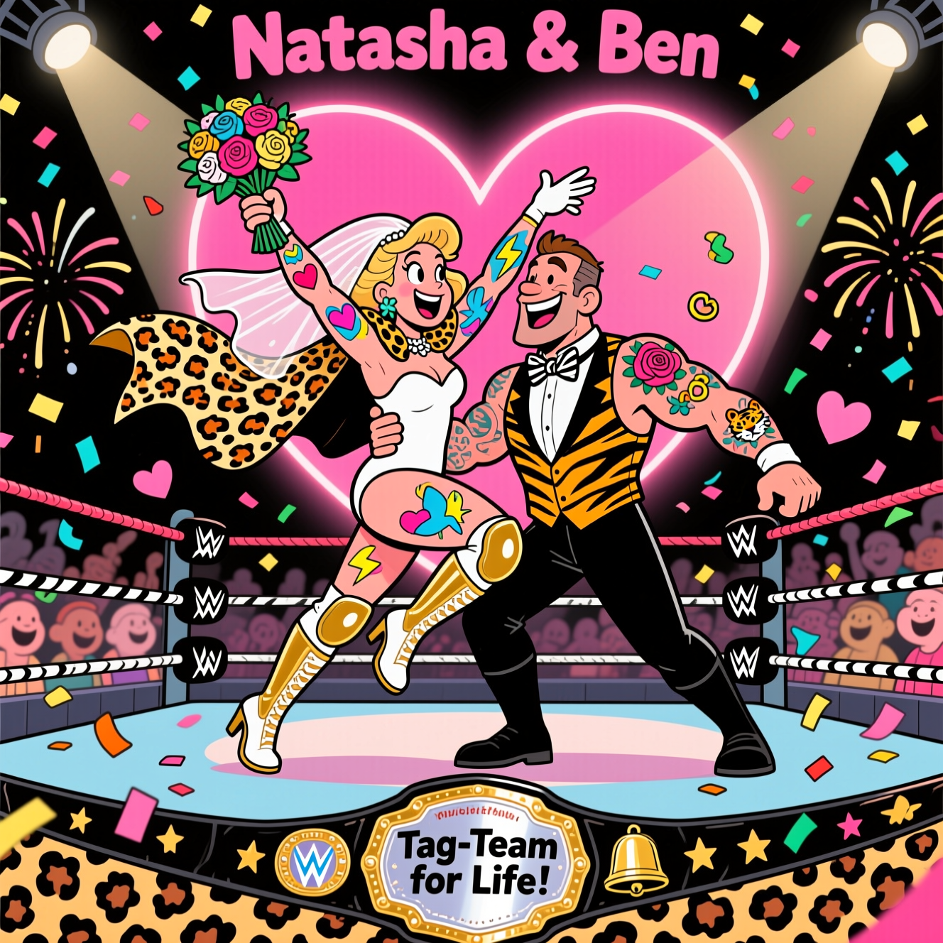 At the top of the Cartoon Style image, Natasha & Ben

A hilarious WWE-style wedding scene in bold, playful cartoon art: thick black outlines, bright saturated colors, and exaggerated proportions. Center stage is a pro-wrestling ring decked out for love—zebra-striped ropes, a leopard-print ring skirt, and a giant glowing heart-shaped spotlight behind the couple. Natasha, a cartoon bride with a wild leopard-print veil-cape and white-gold wrestling boots, shows off colorful tattoo sleeves (hearts, doves, lightning bolts, tiny tigers) as she leaps from the second rope, bouquet raised triumphantly. Ben, a grinning groom in a tuxedo-style singlet with tiger stripes and a zebra-print bow tie, catches her mid-spin; he’s rocking bold tattoos too (rings, stars, roses, bells). Confetti bursts in animal-print patterns, fireworks pop like hearts, and the roaring crowd is a blur of happy shapes. Place one extra line of text on a big shiny championship belt at the bottom center: Tag-Team for Life!
Generated with these themes: WWE, tattoos, animal print, and .
Made with ❤️ by AI.