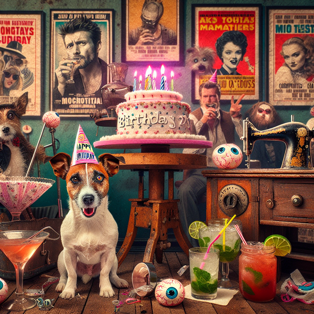 Jack Russell dog, Mojito, Potters wheel, Sewing machine, Eyeballs , Camera, Swear words, Cosmopolitan cocktail, 80s movies, and Wolverine Birthday Card