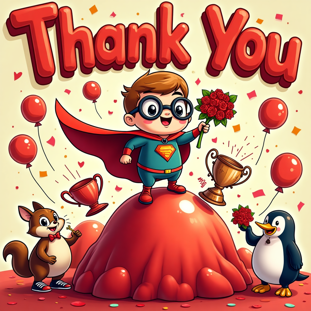 At the top of the Cartoon Style image, write in big playful bubble letters: **Thank you Mr Riordan 🙏**.  

Create a vibrant, funny cartoon scene dominated by bold *red* tones: a heroic, slightly over-the-top cartoon Mr Riordan dressed in a dazzling red superhero cape and oversized glasses, dramatically posing on top of a giant red jelly mountain. Around him, quirky animal sidekicks (a mischievous squirrel with a red bow tie, a penguin wearing red sneakers) are showering him with ridiculous “thank-you” gifts — giant red roses, a comically huge red teacup, and a trophy that just says “World’s Most Awesome”. The background should burst with playful details — red balloons floating away, confetti swirling, and exaggerated facial expressions all around. At the bottom, in a hand-drawn style, add a cheeky line: **"You’ve officially reached Legendary Status!"**.
Generated with these themes: Red, and .
Made with ❤️ by AI.