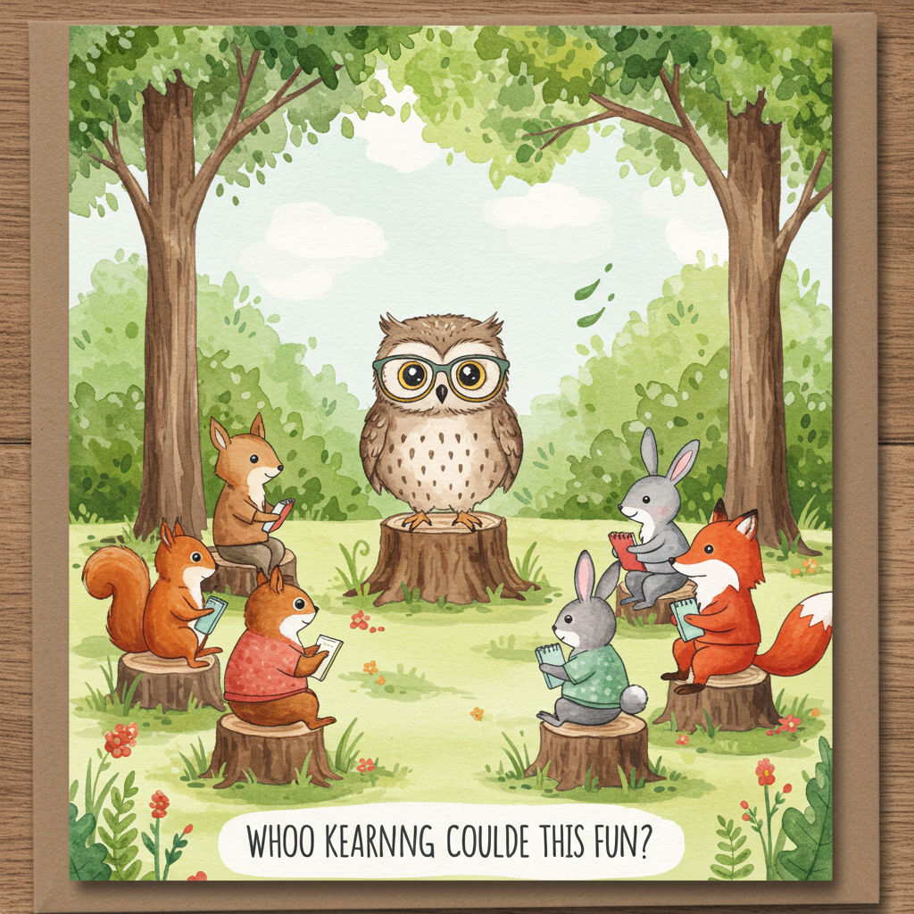 **Prompt for Image:**

Imagine a watercolor scene set in an outdoor classroom nestled within a lush forest. The centerpiece is a whimsical owl, donned in oversized glasses, perched atop a stump that serves as a makeshift podium. Around the owl, a diverse group of woodland creatures—squirrels, rabbits, and foxes—are seated attentively on logs and patches of grass, each holding tiny notebooks and pencils with exaggerated expressions of concentration.

In the background, trees stretch upwards, their branches forming a natural canopy with leaves in a medley of greens, punctuated by specks of sunlight. A gentle breeze seems to sway the trees, creating subtle movements in the watercolor pigment.

A small, humorous caption in the bottom corner reads, "Whoo Knew Learning Could Be This Fun?" in a playful, hand-lettered style that seems to dance across the card. The scene captures a playful harmony between teaching and nature, using watercolor’s airy elegance to bring a touch of humor to this thank-you card.
Generated with these themes: Teaching, Environment , Nature, and .
Made with ❤️ by AI.