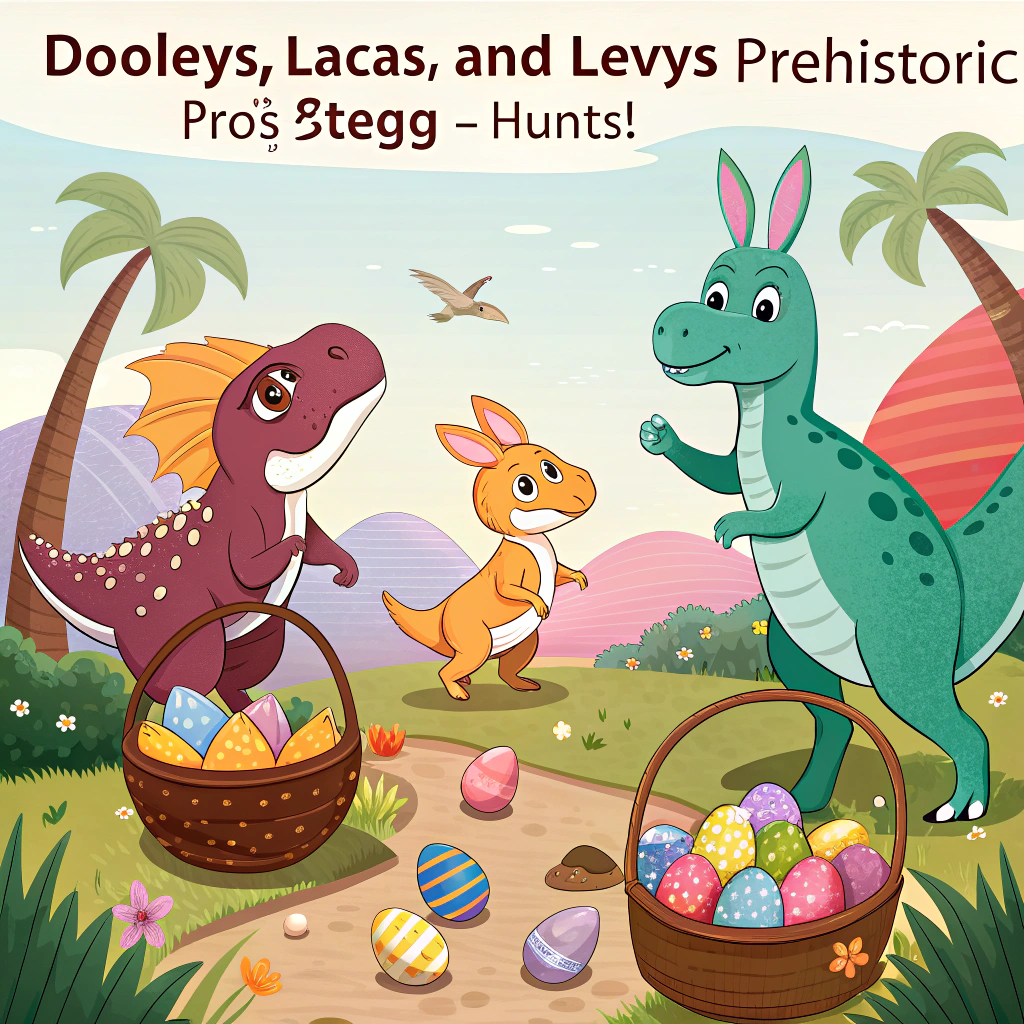 At the top of the image, "Dooleys, Lacas, and Levys — prehistoric pros at egg-stinction-level Easter hunts!"

- In the center of the image, illustrate a hilariously chaotic cartoon scene of three different dinosaurs wearing bunny ears:
  - A T-Rex hopelessly trying to pick up a tiny, brightly-colored Easter egg with its absurdly short arms.
  - A stegosaurus clumsily knocking over a basket of eggs with its spiky tail.
  - A raptor sneakily tiptoeing off with a chocolate egg half unwrapped and melted on its claws.
- All dinosaurs are surrounded by an erupting volcano, palm trees decked in pastel Easter streamers, and bunny tracks leading in confusing circles.
- A cheeky baby pterodactyl is dive-bombing in from above, dropping mini chocolate eggs like festive bombs.
Generated with these themes: Dinosaurs and hunting easter eggs .
Made with ❤️ by AI.