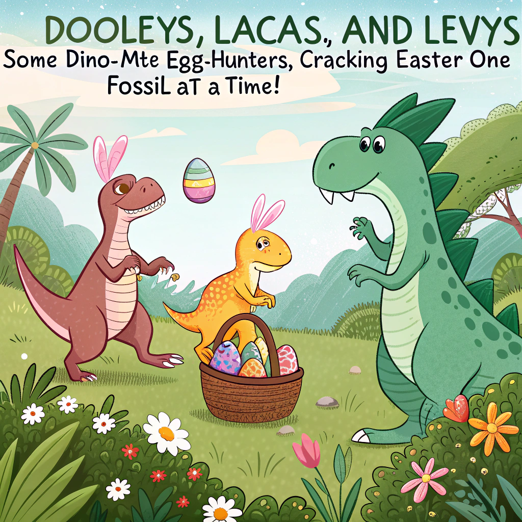 At the top of the image, "Dooleys, Lacas, and Levys—some dino-mite egg-hunters, cracking Easter one fossil at a time!"

– Illustrate a comical scene where a trio of cartoon-style dinosaurs (a T-Rex with bunny ears, a Velociraptor with a woven basket, and a Triceratops stuck in a bush) are enthusiastically hunting for colorful Easter eggs in a prehistoric jungle-meets-spring-garden setting.  
– The T-Rex is hilariously struggling to pick up an egg with its tiny arms, the Velociraptor is stealthily sneaking up on a suspiciously camouflaged egg (painted like a rock), and the Triceratops looks baffled as several eggs have ended up skewered on its horns by accident.  
– Scattered fossil-shaped chocolate bunnies and cracked open eggs revealing dino toys add an extra playful touch.
Generated with these themes: Dinosaurs and hunting easter eggs .
Made with ❤️ by AI.