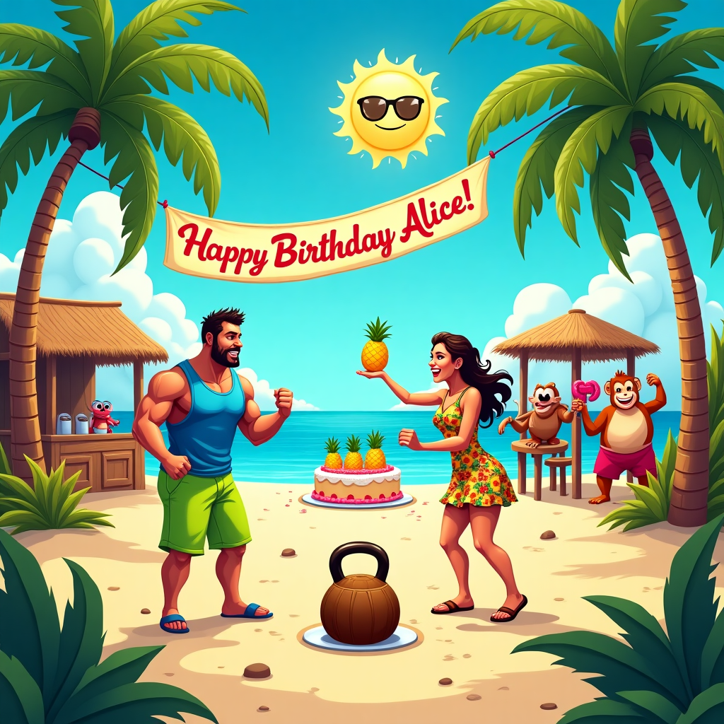 In this whimsically comedic scene set on a sunny tropical island, we find a delightful birthday celebration unfolding. The scene opens with a sandy beach in the foreground, dotted with coconut trees swaying gently in the ocean breeze. To the left, there's a CrossFit station made from bamboo and palm leaves. A muscular husband, wearing a bright blue tank top and neon green shorts, is hilariously attempting to lift a coconut barbell, grunting exaggeratedly as beads of sweat roll down his forehead. Next to him, his wife, wearing a vibrant floral sundress, is cheerfully juggling pineapples with surprising skill and grace, adding to the comical scenario.

In the background, there's a brightly colored beach hut with a thatched roof where a lively birthday party is in full swing. A group of cartoon island animals—such as a playful monkey, a parrot with sunglasses, and a couple of cheeky crabs—are gathered around a large birthday cake shaped like a kettlebell. Above the cake, there's a festive banner stretched between two palm trees, colorfully inscribed with "Happy Birthday, Alice!" in playful, wavy letters that mimic the motion of the ocean waves.

The azure sky above features fluffy clouds, one of which whimsically resembles a dumbbell, floating lazily by. In the background, a cartoon sun with a smiling face and sunglasses beams down on the scene, adding warmth and cheer. The island's shoreline gently curves into the distance, where the turquoise sea sparkles with the reflection of the sun. It's a vivid, bustling birthday spectacle that combines the themes with humor and creativity, perfectly celebrating Alice's special day.
Generated with these themes: CrossFit, Husband, Sunny Island, and Wife.
Made with ❤️ by AI.