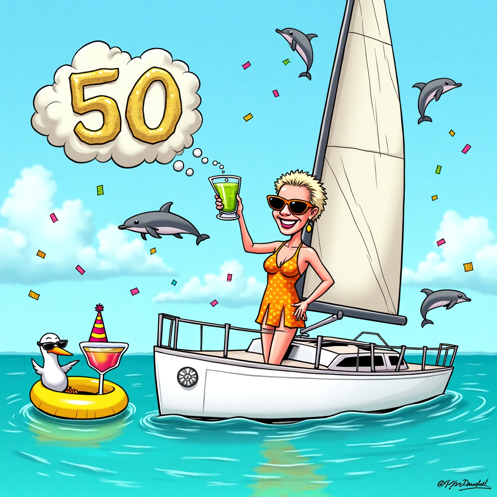Hallberg-Rassy 50 ,Isla Mujeres, Blond short haired lady older, new dentures, Margarithas Birthday Card
