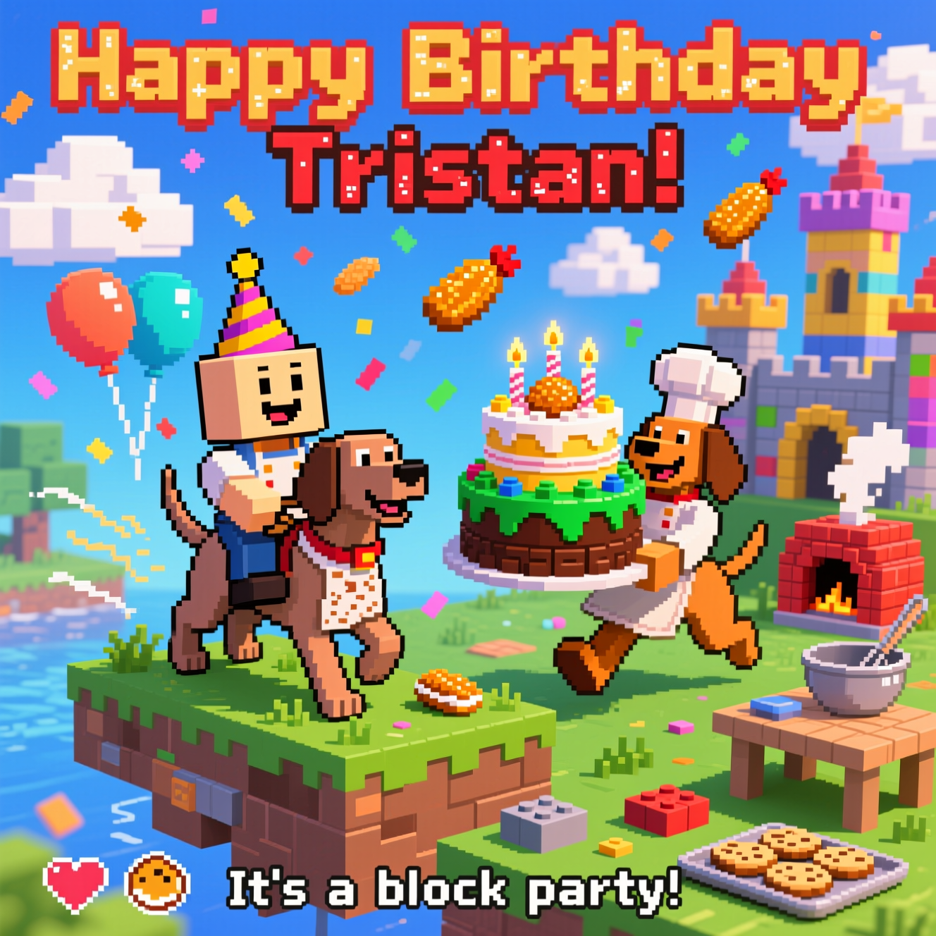 Chicken nuggets, roblox, lego, Vizsla dogs, minecraft, baking cakes, and Birthday Card