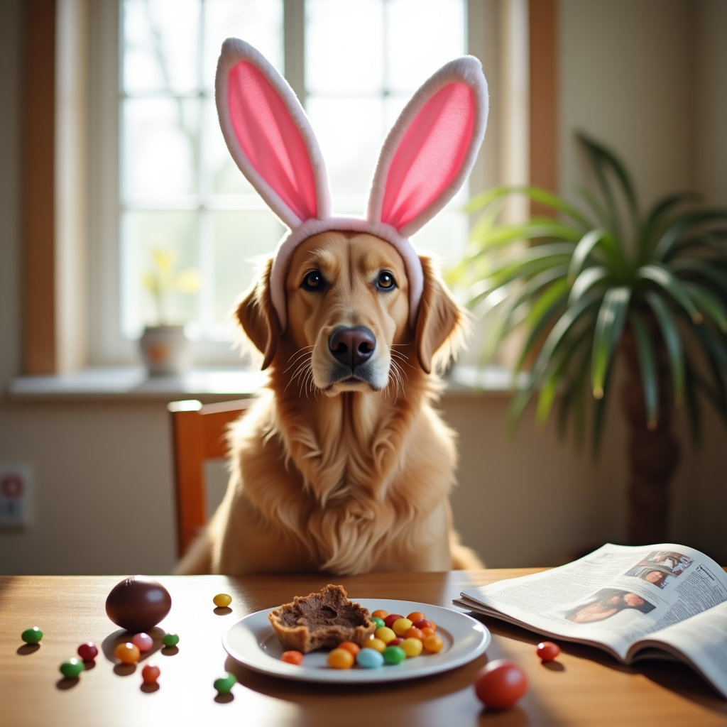 At the top of the realistic photograph image, "Some-bunny loves you, Family – Happy Easter!"

Prompt: A realistic photograph of a confused golden retriever sitting at a breakfast table wearing oversized pink bunny ears, with one ear flopped over its eye. In front of the dog is a half-eaten chocolate egg, spilled pastel-colored jellybeans, and an open newspaper with carrot bite marks. Sunlight pours through the kitchen window behind, highlighting a trail of muddy pawprints leading from a bunny costume pile. The whole scene feels like a very serious bunny-related identity crisis, captured in comically perfect morning-after detail.
Generated with these themes: bunny ears.
Made with ❤️ by AI.
