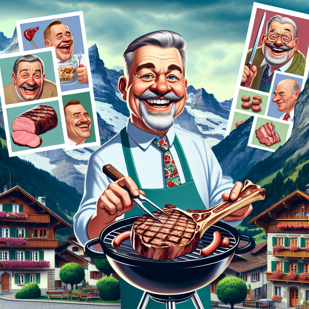 Clean shaven 50year old man, Grey short hair , Button nose, Tomahawk steak, Switzerland, Sausages, and Bacon Birthday Card