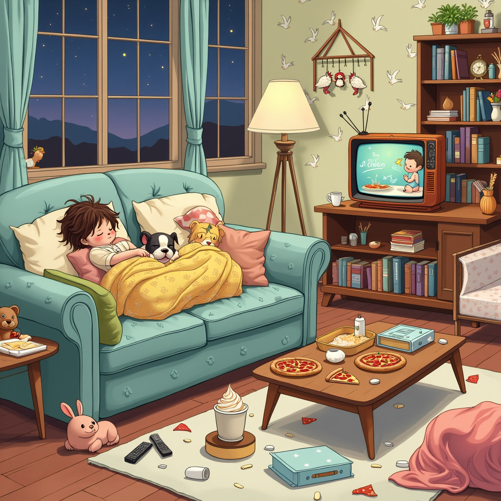 In the center of the illustration, imagine a cozy living room scene with a whimsical twist. A plump, comfy sofa adorned with a patchwork of colorful, patterned blankets sits against the backdrop of a quaint, wallpapered wall featuring tiny storks delivering bundles. Curled up on the sofa, we see two blissfully napping figures: a new parent with messy hair and a Boston Terrier pup, both wrapped snugly in blankets. The parent’s head rests gently on a cushion that has little paw prints, while the Boston Terrier, with a tiny sleeping cap and a slight snore indicated by a cartoonish "Zzzz," lays adorably against their side.

Scattered around the room are remnants of a takeaway feast: Chinese takeout boxes with chopsticks, a pizza box with a few slices left, and an empty tub of ice cream with a spoon still inside. These items sit on a low wooden coffee table, alongside a remote control and a half-finished baby bottle, adding to the delightful chaos.

In the background, an old-fashioned TV set, with rabbit ear antennas, broadcasts a popular reality TV show, depicted with cartoonish figures and exaggerated expressions. The screen is slightly askew, and there are small stars and squiggly lines indicating the excitement of the show. On the floor, a diaper bag spills out essentials like baby bottles, plush toys, and a small teddy bear wearing a superhero cape.

To the side, there's a baby bassinet draped in a soft pastel blanket, where a tiny baby sleeps peacefully. Above the bassinet, a mobile dangles with miniatures of reality TV characters, slices of pizza, takeaway containers, and tiny Boston Terriers.

A window in the background shows a serene twilight sky with hints of stars beginning to peek out, suggesting the transition to a quiet night. Near the window, a bookshelf holds a mix of parenting books, cookbooks for quick meals, and classic fairy tales.

Each element in this scene is finely detailed, reminiscent of the meticulous storytelling of Norman Rockwell and the whimsical charm of Maurice Sendak, yet with a contemporary, humorous twist. This richly detailed illustration captures the beautifully chaotic essence of welcoming a new baby into the world, perfectly blending reality with the quirkiness of everyday life.
Generated with these themes: Takeaways, Boston Terrier, Naps, Reality TV, and Blankets.
Made with ❤️ by AI.