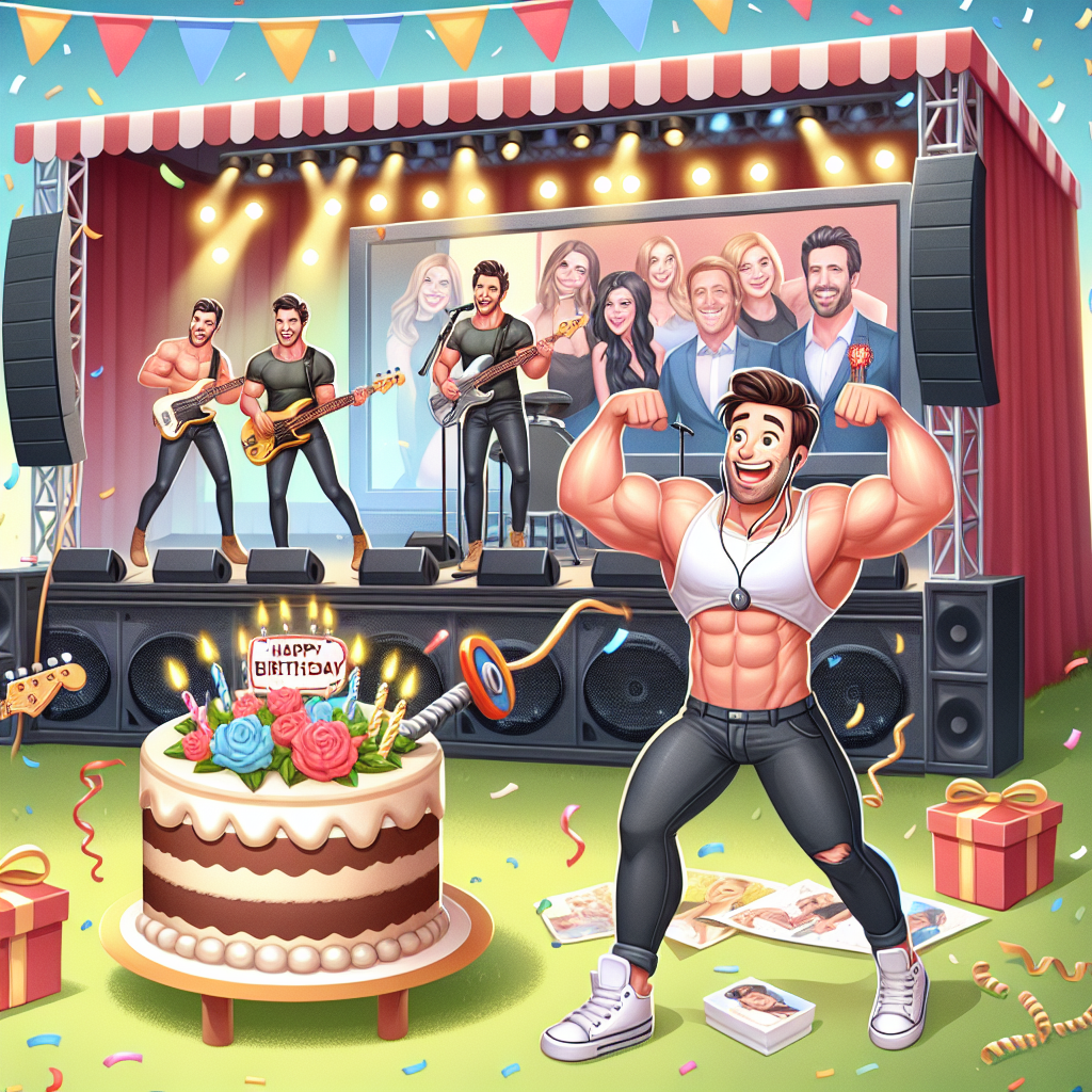 A charming birthday illustration embodying an outdoor festival ambience. A stage is featured, where a talented guitarist is teamed up with a dynamic rock band, presenting a stellar performance. In the foreground, a muscular character joyously flexes his muscles, representing a passion for fitness. A large screen in the background plays a popular reality TV show about romantic relationships. Festive elements like confetti, streamers, and a cake topped with fitness-themed icing decorations subtly permeate the scene, creating a celebration that's imaginative, musical, and reflects love for physical activity.
Generated with these themes: Sam fender, Catfish & the bottlemen, Going to the gym , and Love island .
Made with ❤️ by AI.