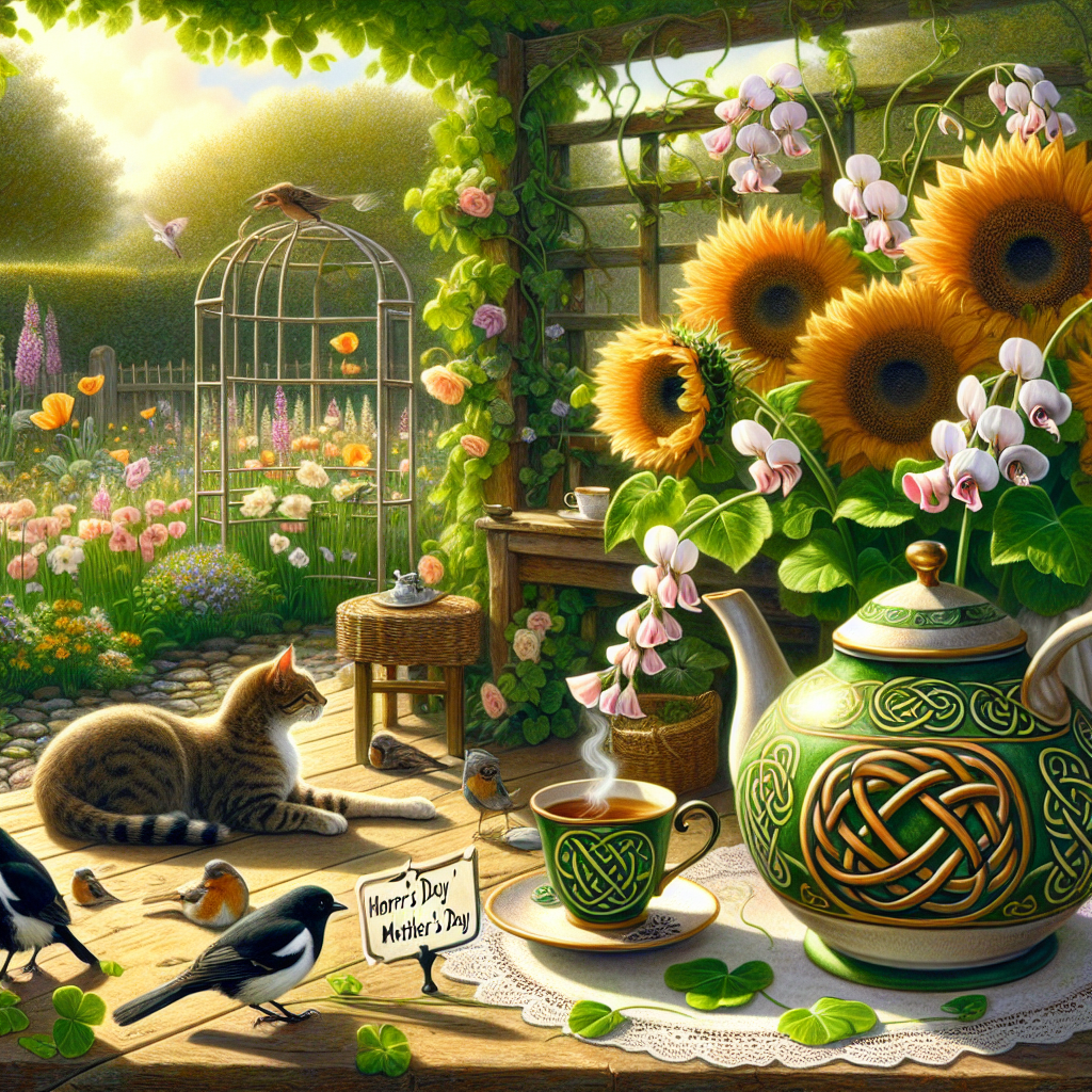 Ireland, Tea, Robin, Blackbirds , Sunflowers , Sweetpea, and Tabby cat Mothers-day Card