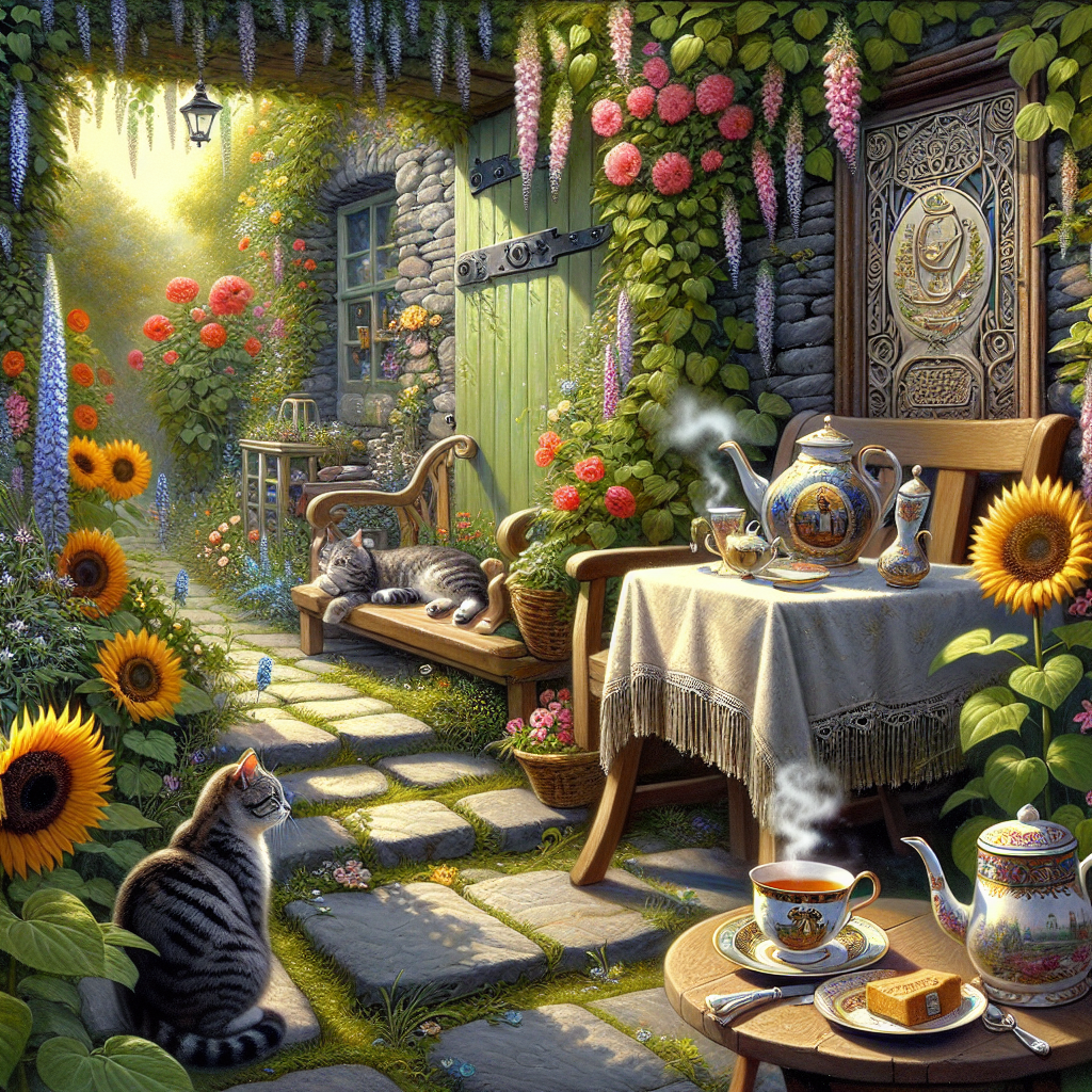 Ireland, Tea, Robin, Blackbirds , Sunflowers , Sweetpea, and Tabby cat Mothers-day Card