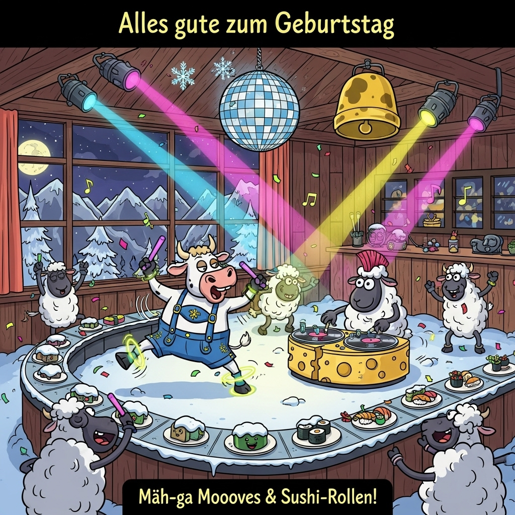 At the top of the Cartoon Style image, Alles gute zum Geburtstag
Playful, funny cartoon scene with thick black outlines and bright saturated colors: On a snowy alpine peak, a cozy wooden chalet has become a neon nightclub. Center stage, a big-headed, goofy cow in glowing lederhosen shows off wild disco mooo-ves with glowsticks on its hooves, while a fluffy sheep DJ with a wooly mohawk spins tracks on a giant cheese-wheel turntable. A ski-lift style sushi conveyor zips around the dance floor, tiny snow-capped plates carrying smiling maki and nigiri. Other sheep and cows boogie in whimsical, energetic poses, with confetti bursts, musical notes, and speed lines. Snowflake-shaped spotlights and candy-colored lasers (electric cyan, hot pink, lemon yellow, lime green) dance off an oversized cowbell disco ball hanging from timber beams. Through big windows, moonlit alpine peaks and pine trees sparkle in the night. Cartoon vibe: exaggerated proportions, big expressive eyes, dynamic squash-and-stretch, clean flat shading.
At the bottom, a small glowing neon sign reads: "Mäh-ga Mooooves & Sushi-Rollen!"
Generated with these themes: Sheep, cow, sushi, clubbing, alpine, and .
Made with ❤️ by AI.
