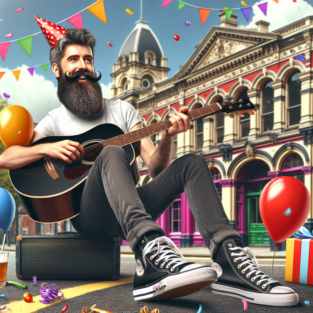 A playful, birthday-themed image features a merry bearded man of unspecified descent, sporting his modern, fashionable sneakers, skilfully playing a guitar. Behind him, a popular music venue with distinctive arches stands as a colourful backdrop, its historic atmosphere contributing to the musical essence of the scene. Party balloons and confetti gently float around, enhancing the festive mood of the scene.
Generated with these themes: Nike uno trainers, Bearded man, Guitar, and Cavern club.
Made with ❤️ by AI.