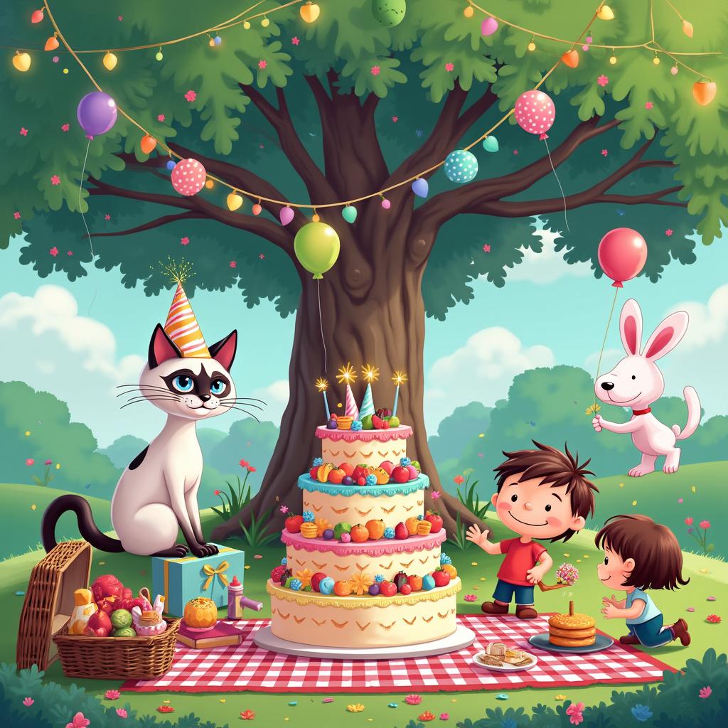 In a whimsical, candy-colored park filled with lush green grass and vividly blooming flowers, a large oak tree stands majestically at the center, adorned with multicolored string lights and balloons dancing lightly in the breeze. On the left side, a mischievous White Siamese Cat, with striking blue eyes and a cheeky grin, perches contentedly on a red-and-white checkered picnic blanket. This playful feline wears a tiny, polka-dotted party hat, tilted jauntily to one side, as it eagerly gazes at a towering, multi-layered birthday cake, decorated with colorful icing and topped with sparklers. Nearby, a wicker picnic basket, its lid open, reveals an array of cartoonishly large sandwiches, vibrant fruits, and a bottle of sparkling grape juice, while a pile of brightly wrapped birthday presents with oversized bows lies scattered around the blanket.

In the center of this delightful celebration, three children, illustrated in the charming style of Peanuts characters, gather excitedly around the cake. One child, donning a festive party hat, blows into a party horn, while another claps their hands in glee, and a third stretches up, attempting to catch a floating balloon shaped like a cat’s face. Beside the tree, a small wooden table covered with a pastel tablecloth offers an assortment of birthday treats, including delicious cupcakes, cookies, and a large punch bowl filled with a fizzy pink drink.

To the right, a cheerful group of animal friends—a jovial dog, a curious rabbit, and a sleepy turtle—are all dressed in tiny party hats, happily participating in a game of pin-the-tail-on-the-donkey, which is pinned to the tree. Near the tree, a vibrant, spinning pinwheel is stuck into the ground, adding to the festive atmosphere, while colorful party favors like noisemakers, confetti poppers, and streamers are joyously scattered about. 

This enchanting scene captures the essence of celebration, whimsy, and friendship, making it a perfect picture of joy.

Generated with these themes: White Siamese Cat.  
Made with ❤️ by AI.